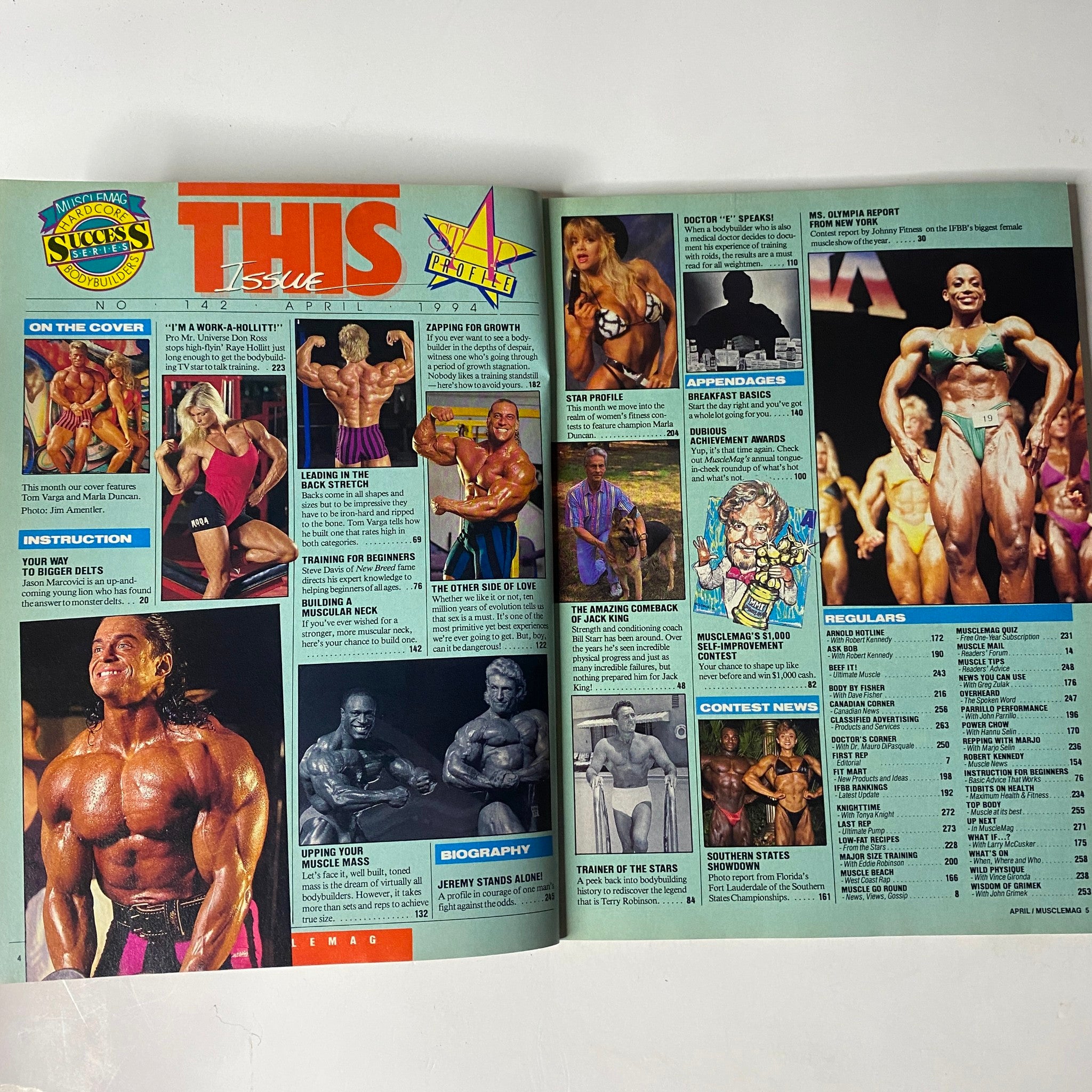 Inside spread of MuscleMag International Magazine April 1994 No. 142 featuring cover athletes Tom Varga and Marla Duncan, showcasing bodybuilding insights, training tips, and profiles of fitness personalities.