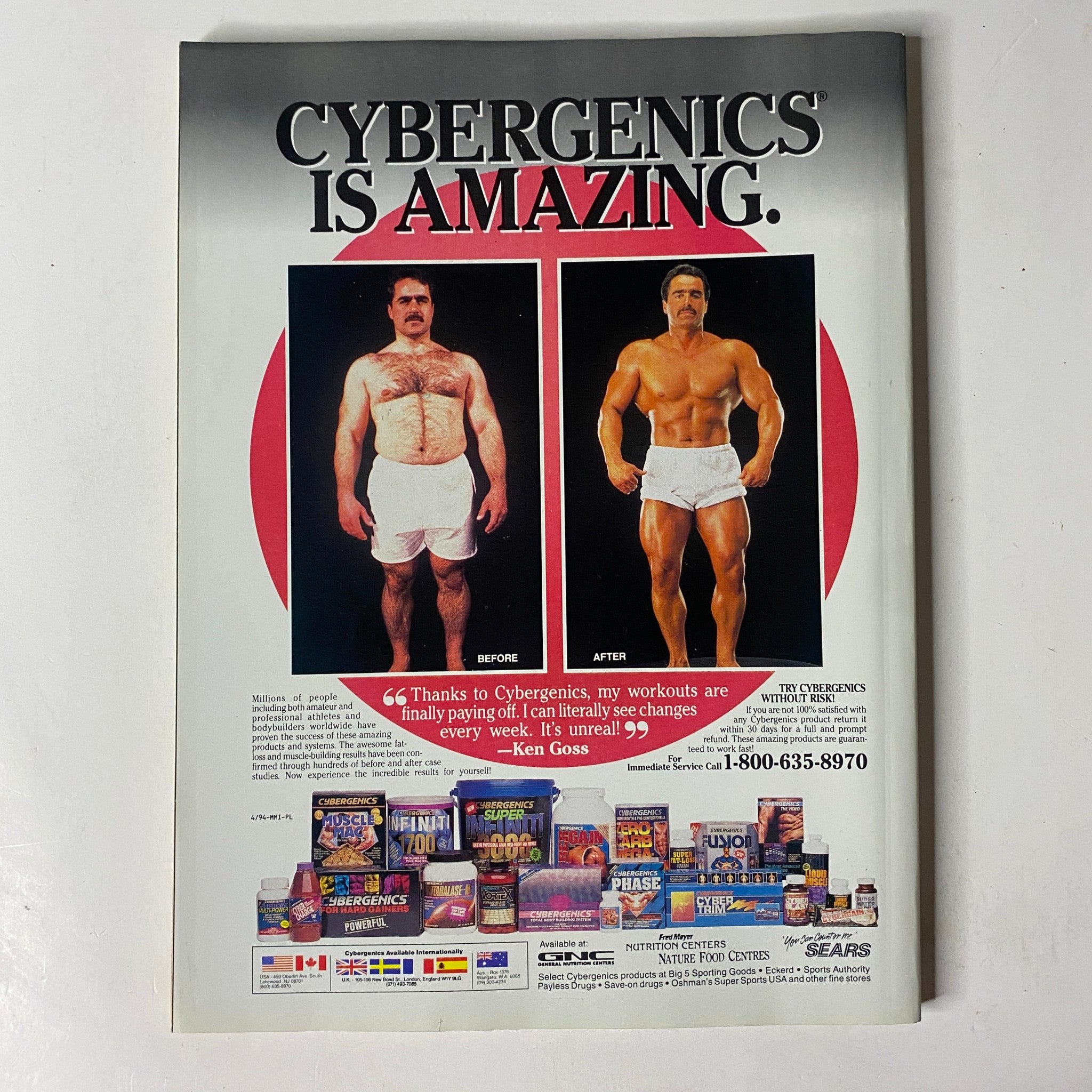 Back cover advertisement of MuscleMag International Magazine April 1994 No. 142 promoting Cybergenics bodybuilding program with before and after images of a body transformation.