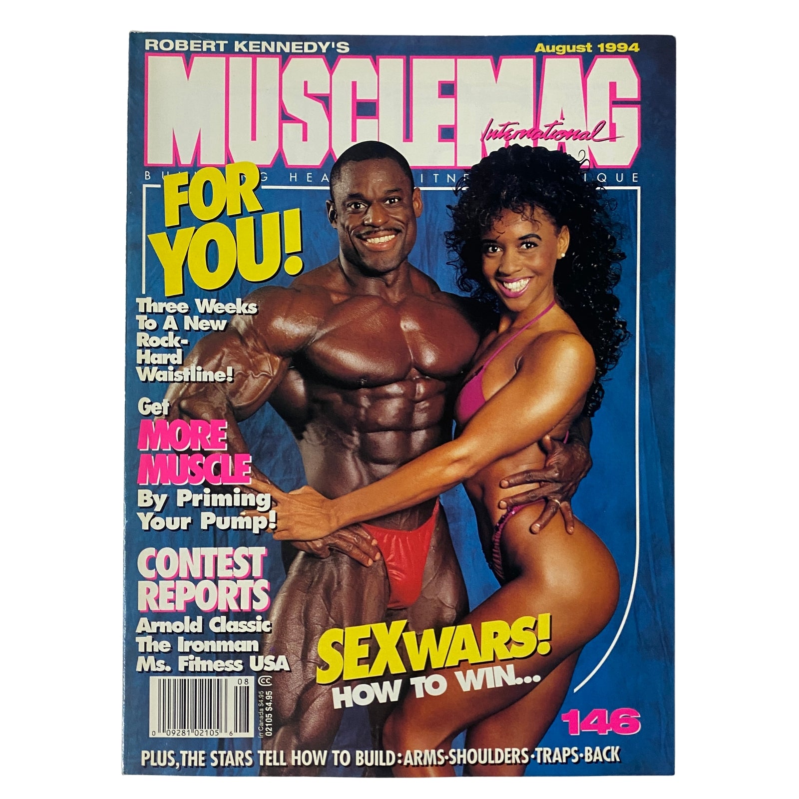 MuscleMag International Magazine August 1994 Issue No. 146 featuring Vince Taylor and Saryn Muldrow on the cover with the headline 'Get More Muscle By Priming Your Pump'.