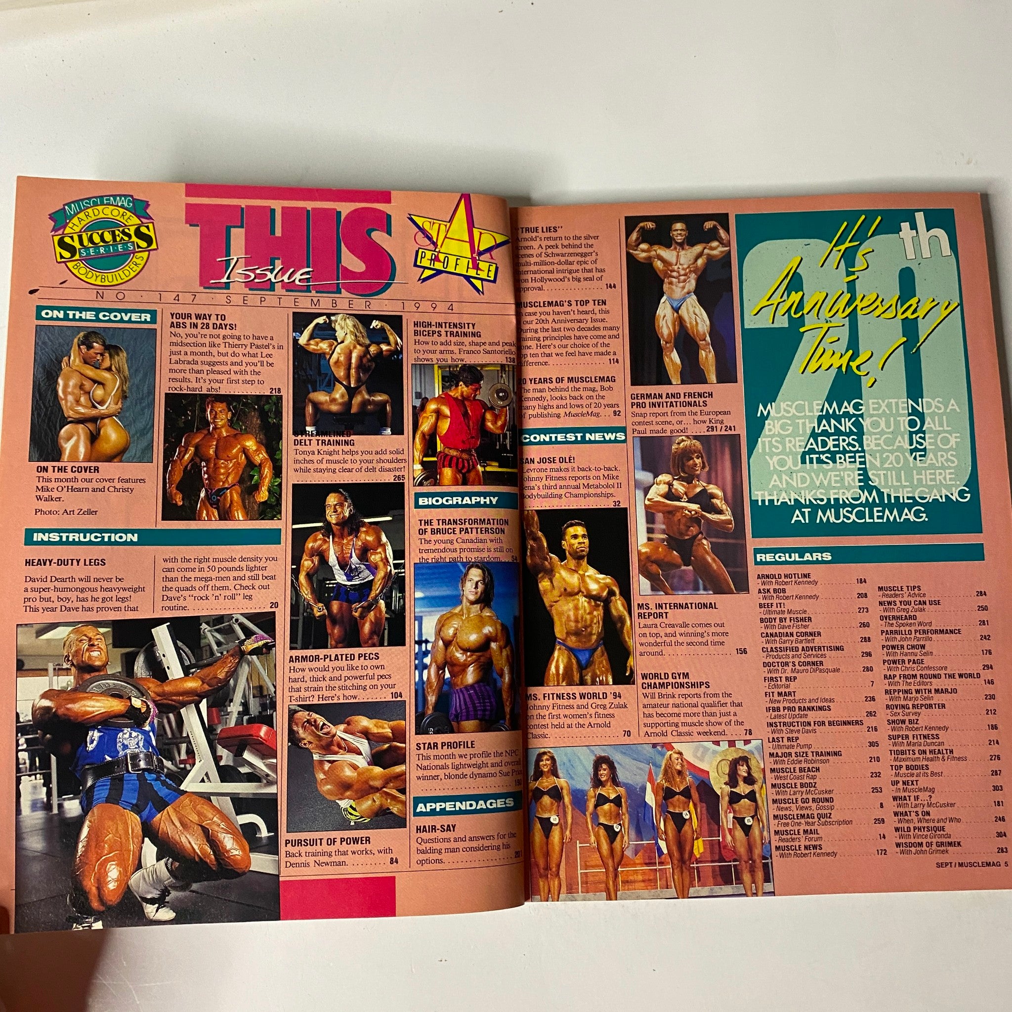 Inside spread of MuscleMag International Magazine, September 1994 edition, featuring the table of contents with images of bodybuilders and sections on bodybuilding instruction and member contests.