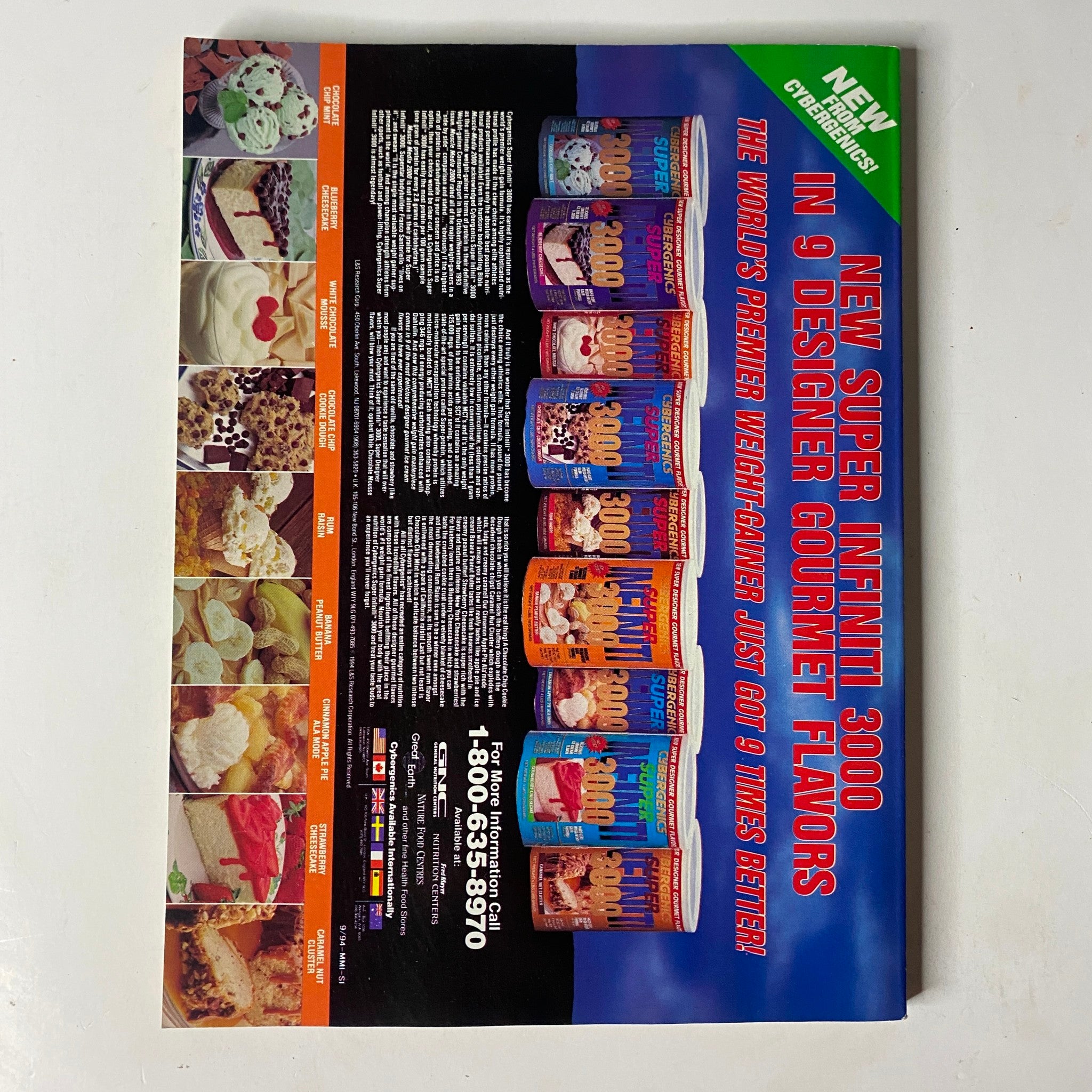 Back cover of MuscleMag International Magazine, September 1994 edition, showcasing new Super Infiniti 3000 protein flavors and promotional content.