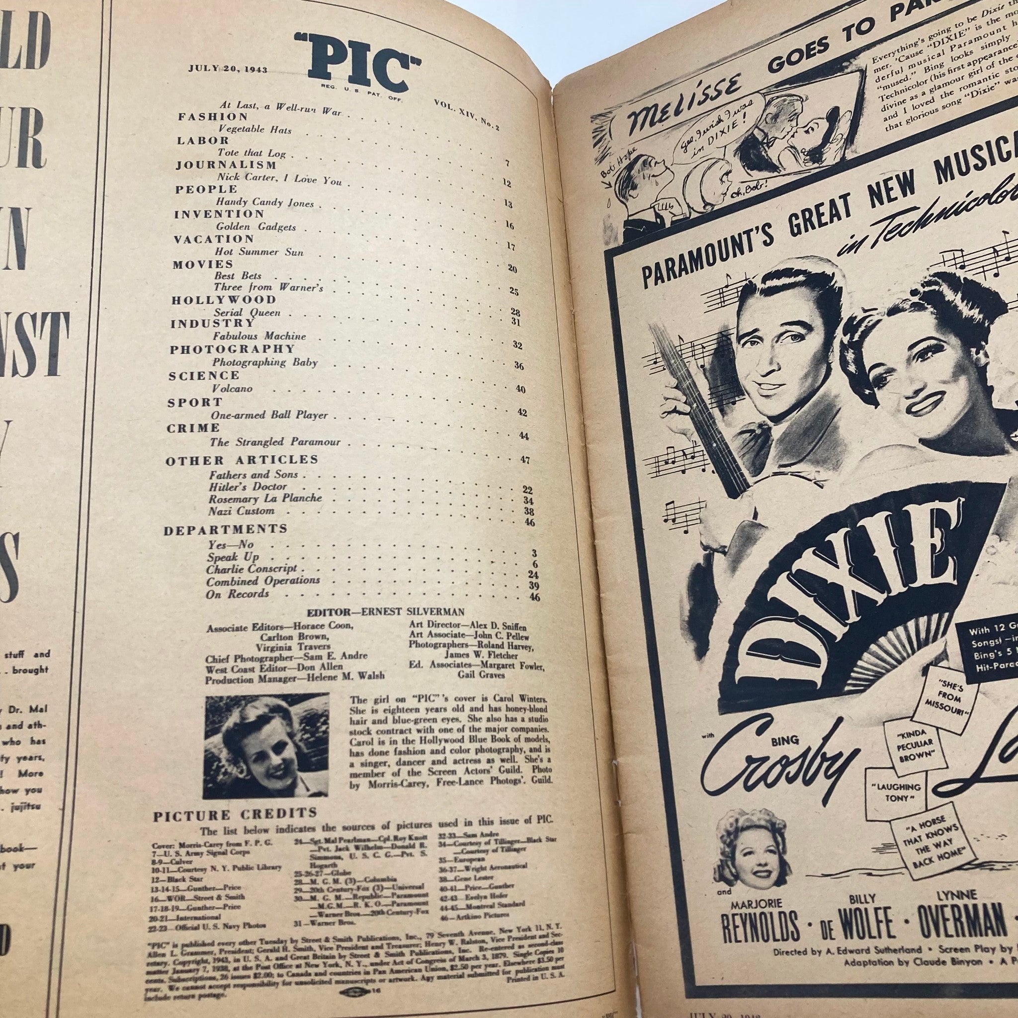 VTG "Pic" Magazine July 20 1943 Vol 14 No. 2 Carol Winters Cover Girl No Label