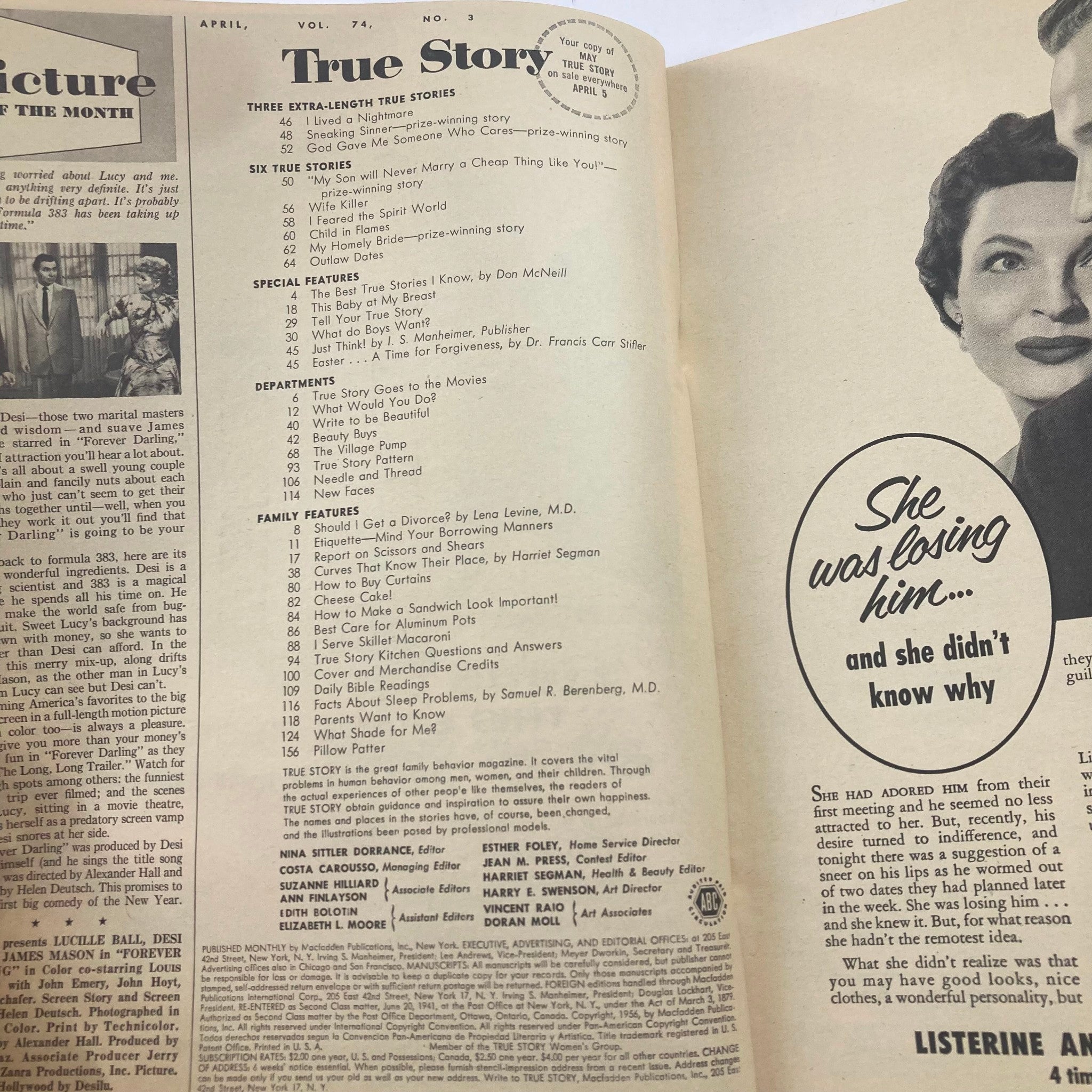 VTG True Story Magazine April 1956 Vol 74 No. 3 God Sent Me Someone Who Cares