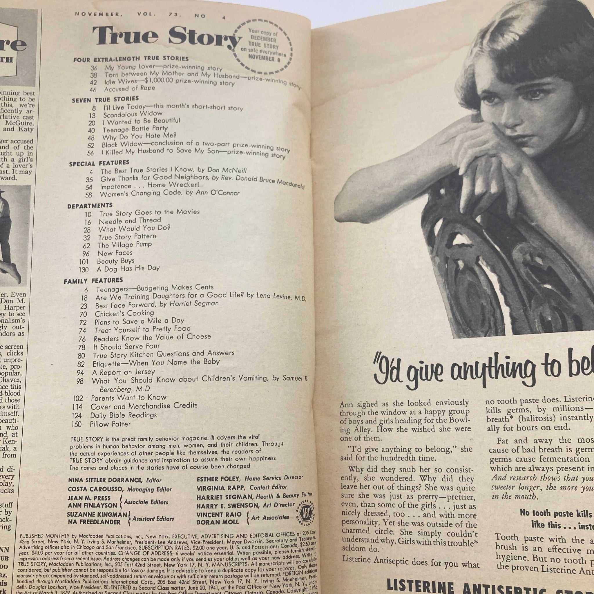 VTG True Story Magazine November 1955 Vol 73 No. 4 Teenage Bottle Party