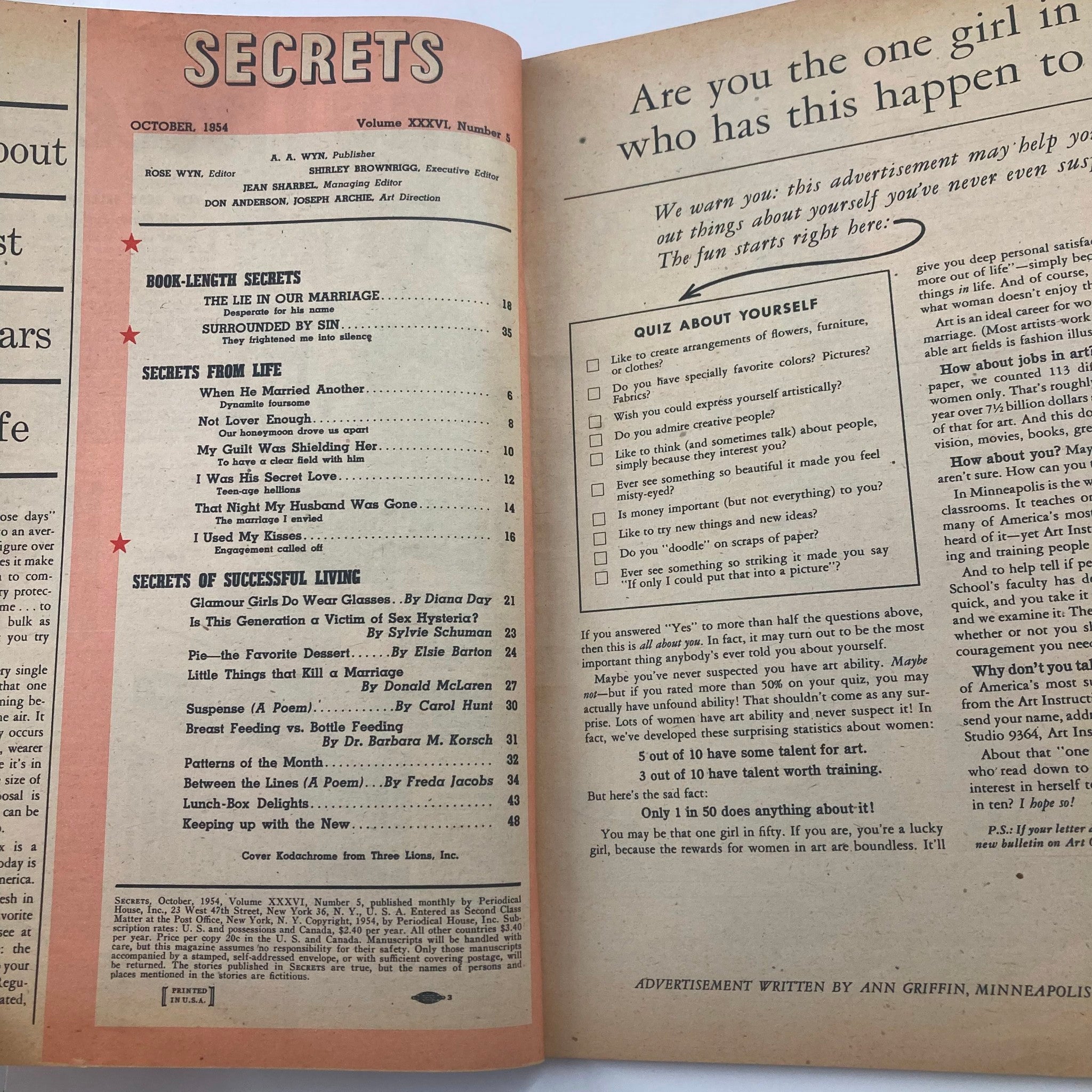 VTG Secrets Magazine October 1954 Vol 36 #5 The Life in Our Marriage No Label