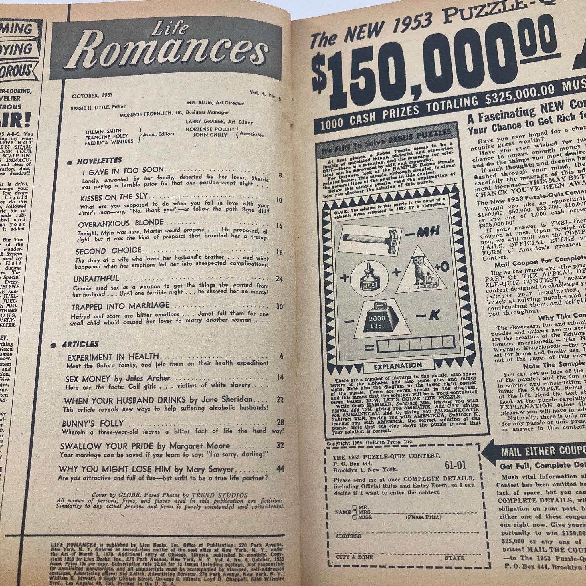Interior page of VTG Life Romances Magazine October 1953 Volume 4 Issue 5 showcasing the table of contents with story titles and articles.