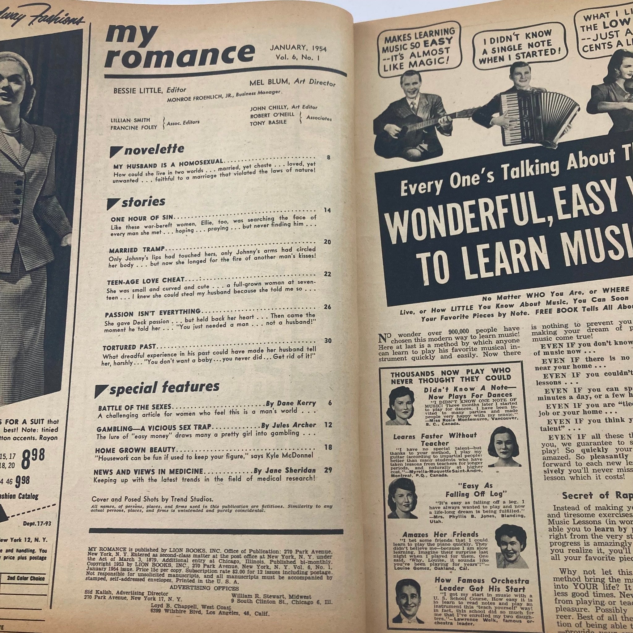 Cover page of VTG My Romance Magazine January 1954, featuring the article 'My Husband is a Homosexual' along with various stories and features listed inside. The magazine showcases vintage design elements characteristic of the 1950s.