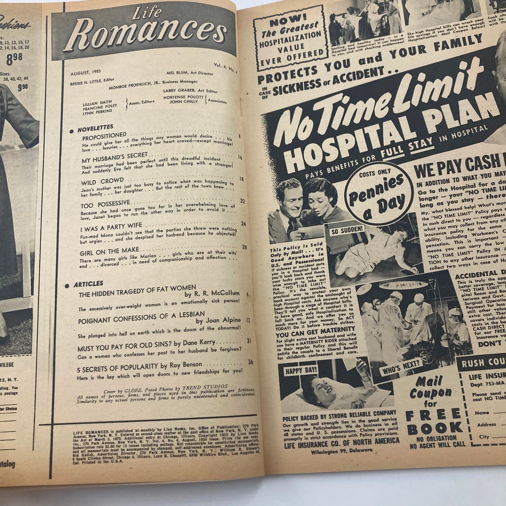 Interior page of VTG Life Romances Magazine August 1953 displaying the table of contents, including the article 'Poignant Confessions of a Lesbian', along with advertisements and details reflecting the magazine's vintage style.