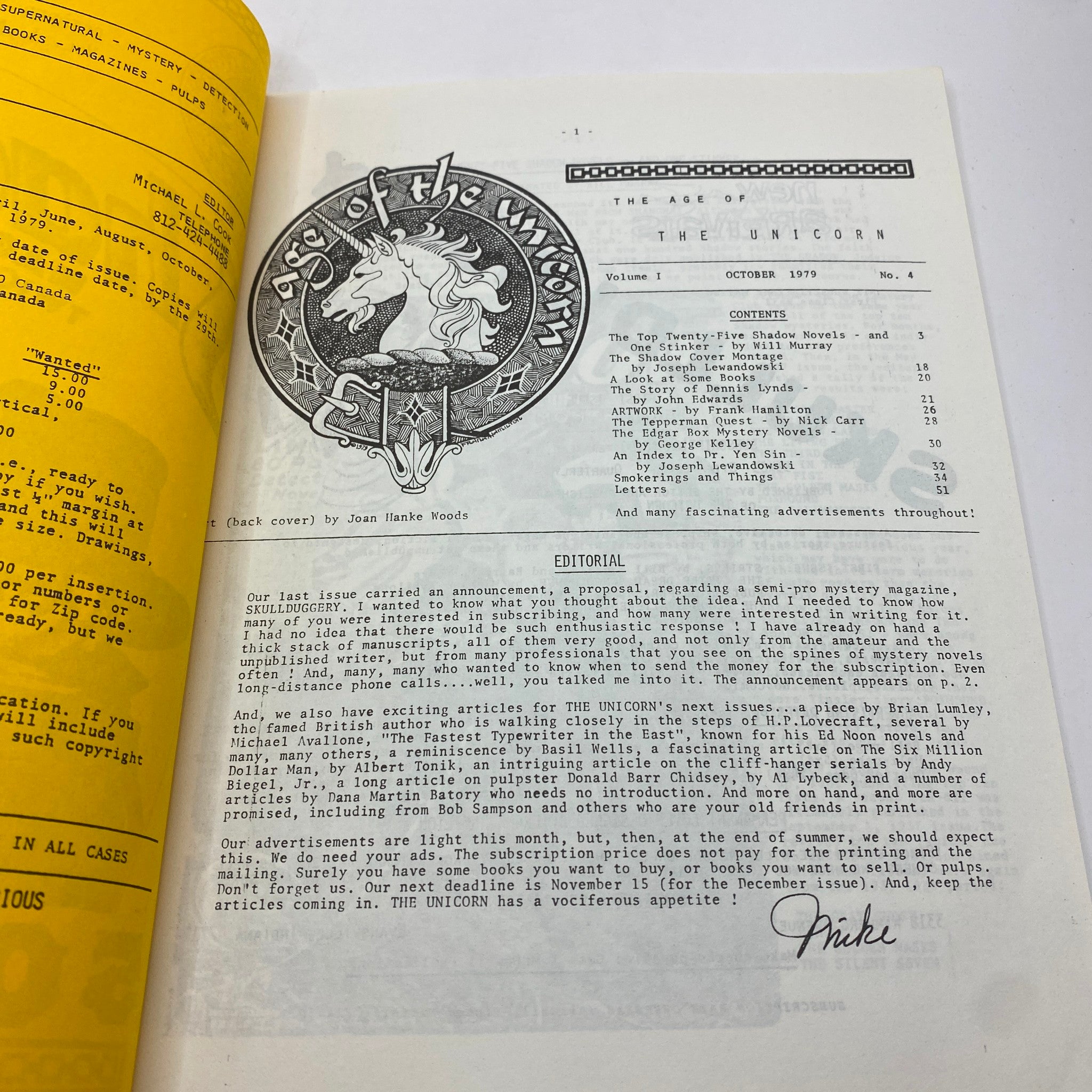 Contents page of VTG The Unicorn Magazine, October 1979, Volume 1, Number 4, featuring the magazine's editorial section and details about various literary contributions, showcasing its vintage layout and nostalgic feel.