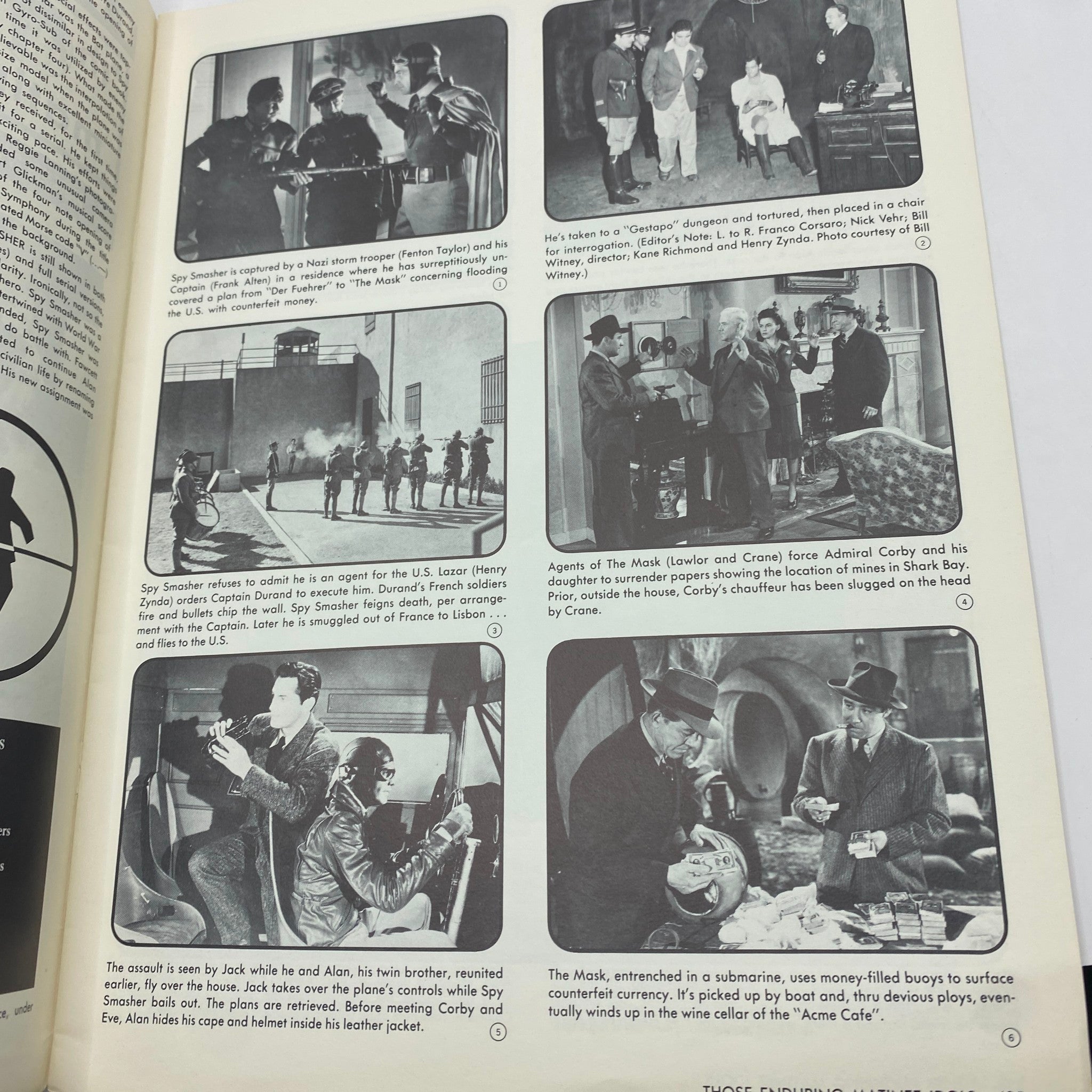 Inside pages of VTG Those Enduring Matinee Idols 1974 magazine displaying multiple black and white images depicting scenes from classic films, emphasizing the nostalgia of vintage cinema.