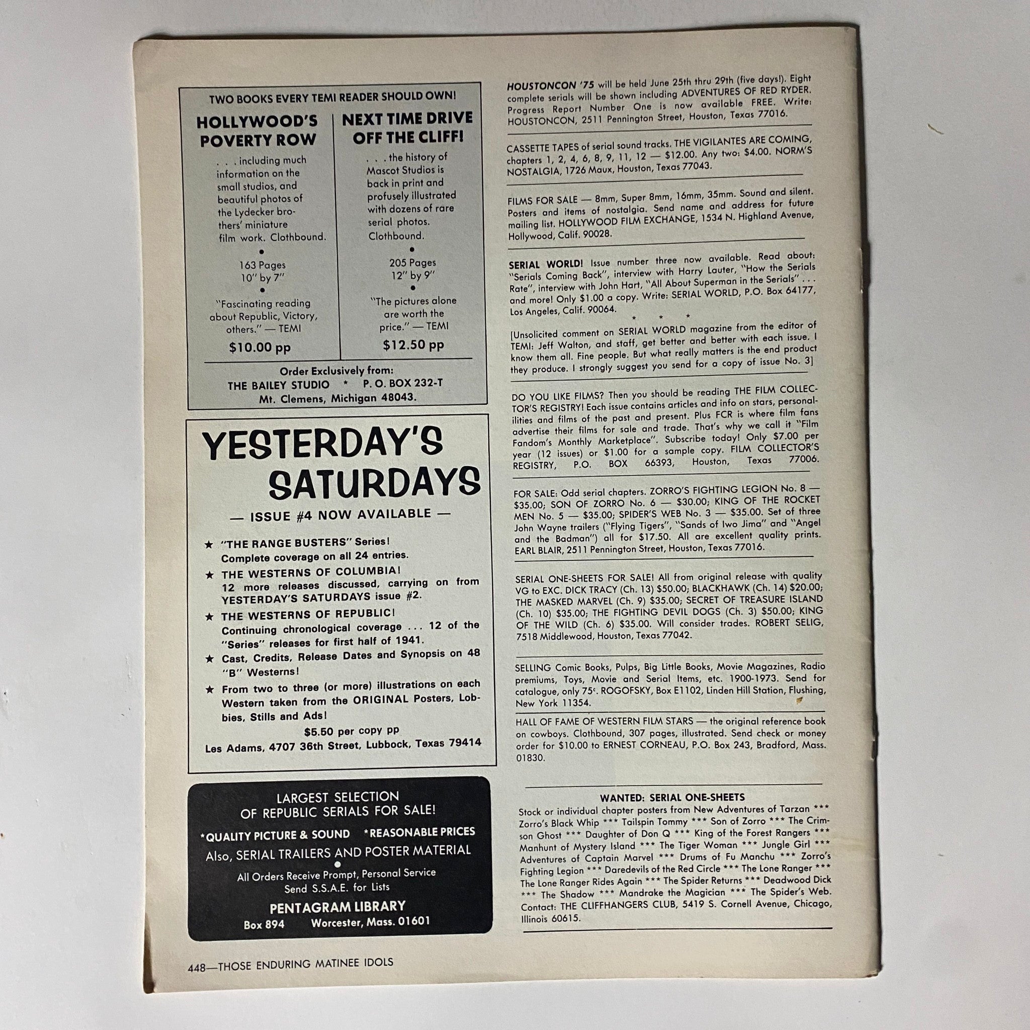 Back cover of VTG Those Enduring Matinee Idols 1974 featuring advertisements for vintage films and magazines, showcasing listings and contact information for collectors.