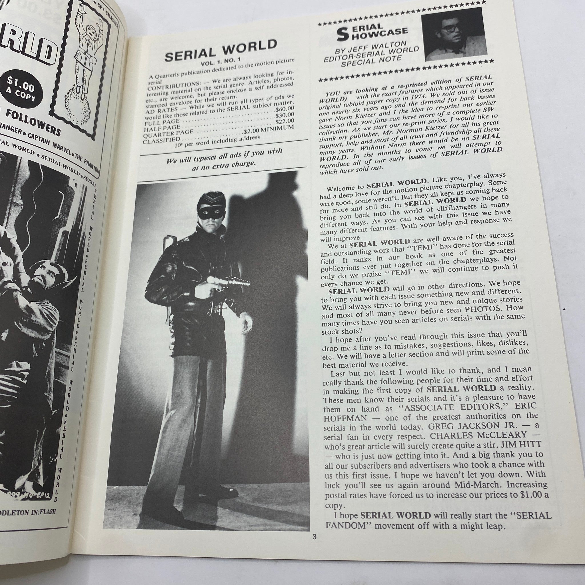 Interior page of VTG Serial World Magazine 1981 The Batman Re-Print Edition featuring editorial notes and a black-and-white photograph of a character in a mask and leather costume.