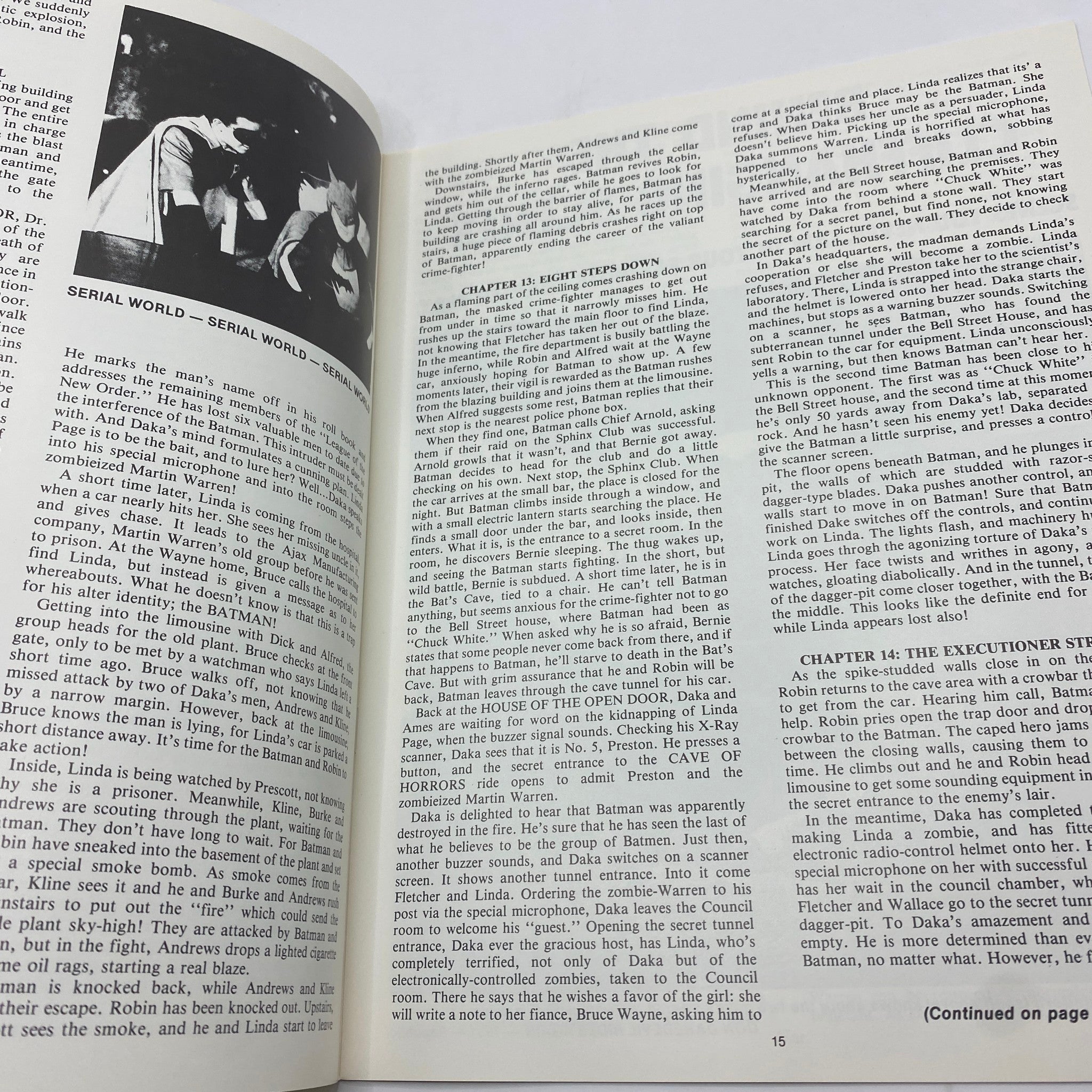 Interior page of VTG Serial World Magazine 1981 The Batman Re-Print Edition showcasing a narrative section and side images related to Batman's adventures.