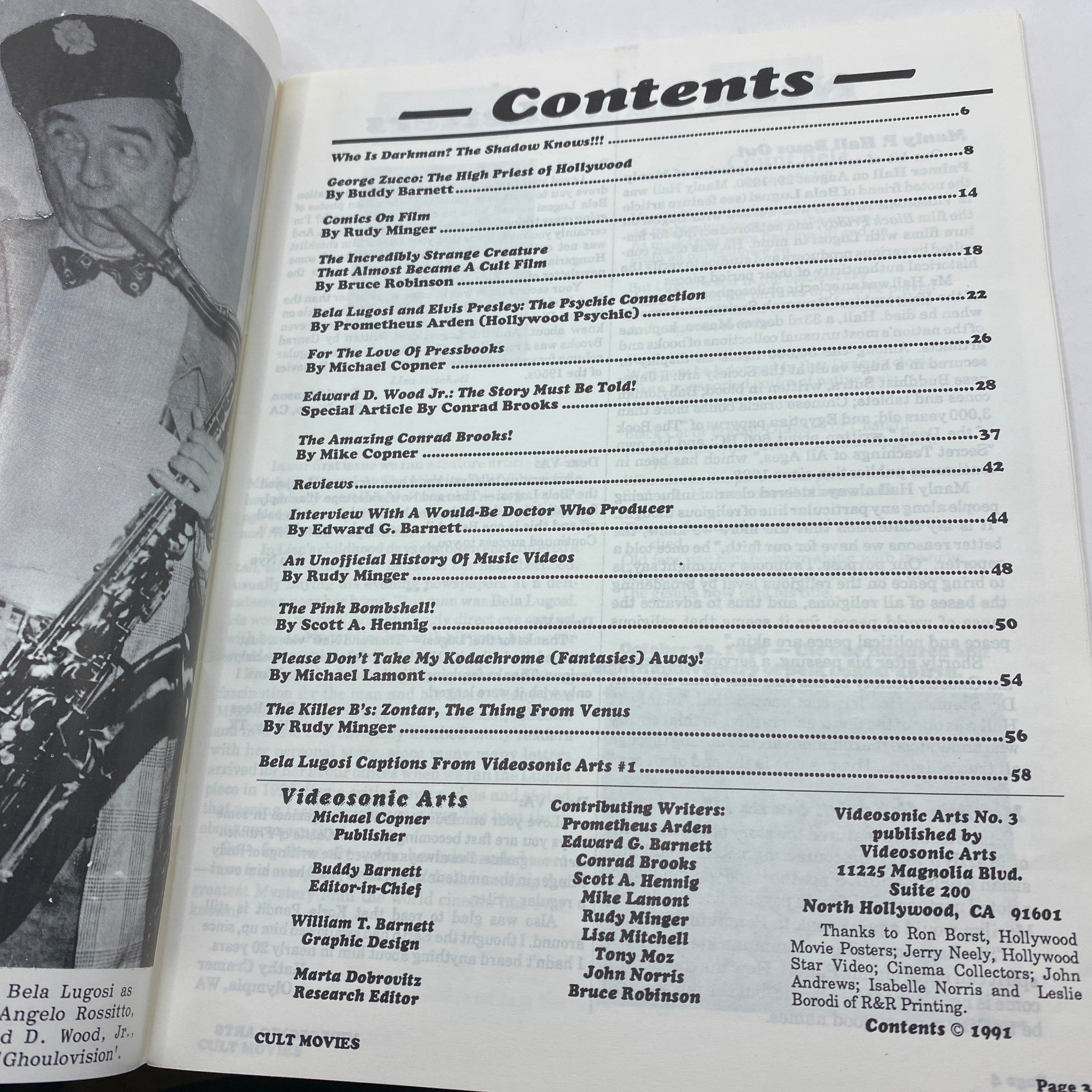 Table of contents from Cult Movies Magazine 1991 featuring articles about Elvis Presley and Bela Lugosi, showcasing the magazine's focus on iconic figures in cinema.