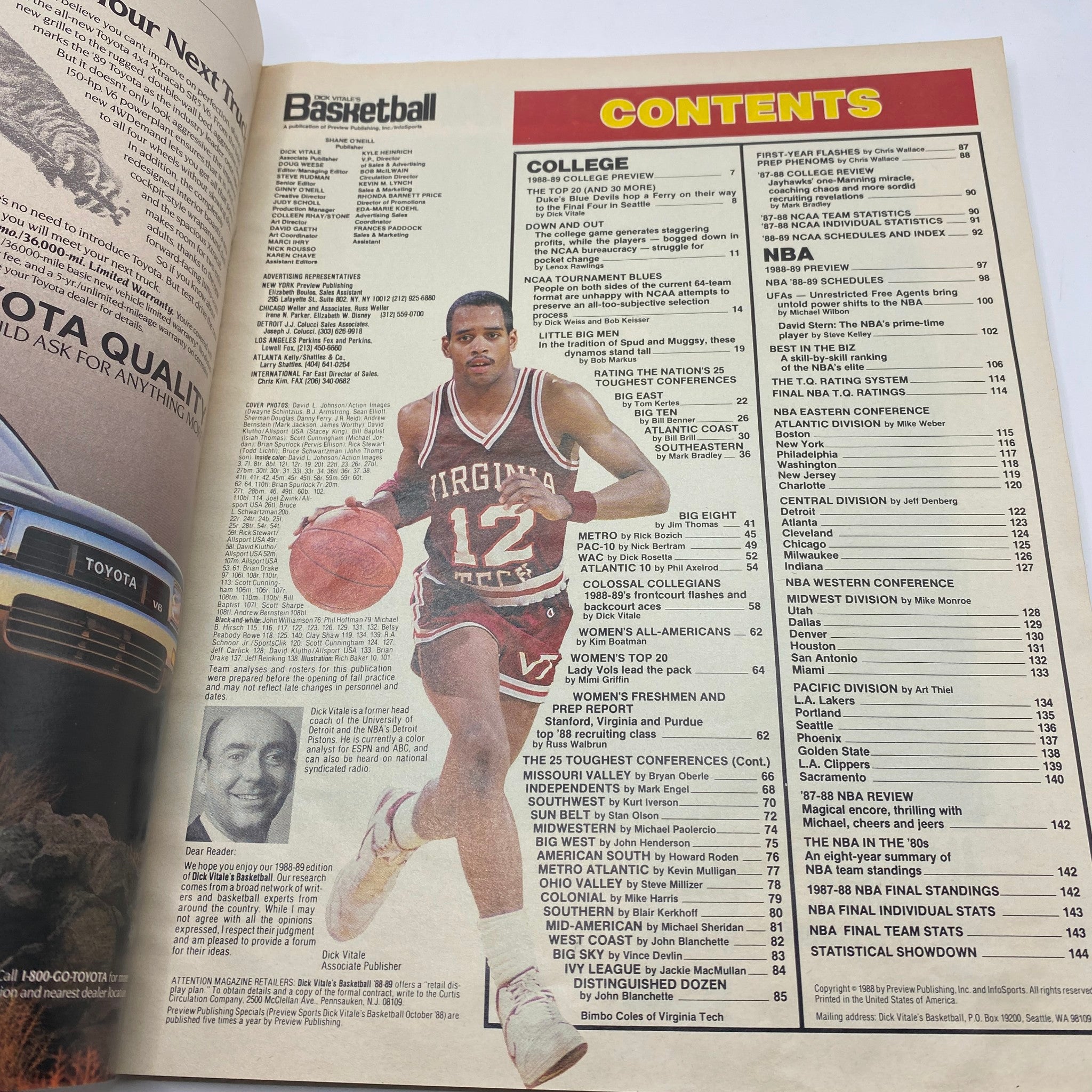 Table of contents from Dick Vitale's Basketball Magazine 1988-1989 showing player profiles, college basketball previews, and NBA insights.
