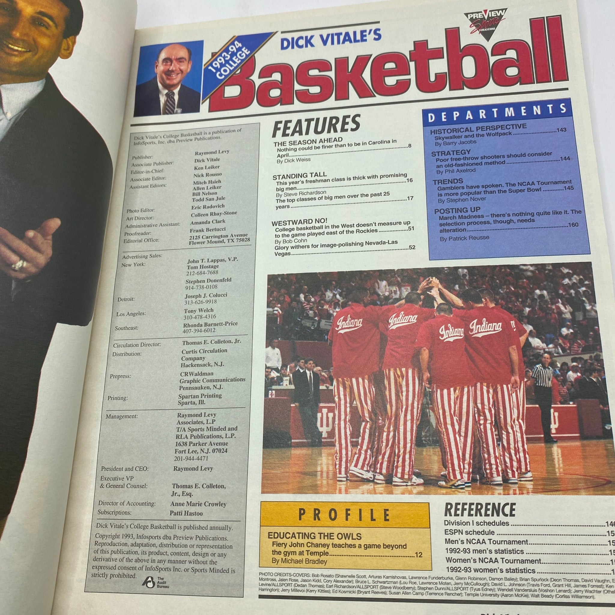 Dick Vitale's College Basketball Magazine 1993-1994 featuring Eric Montross. Inside page detailing magazine features and departments, capturing the essence of college basketball from the vibrant '90s with a focus on notable players.