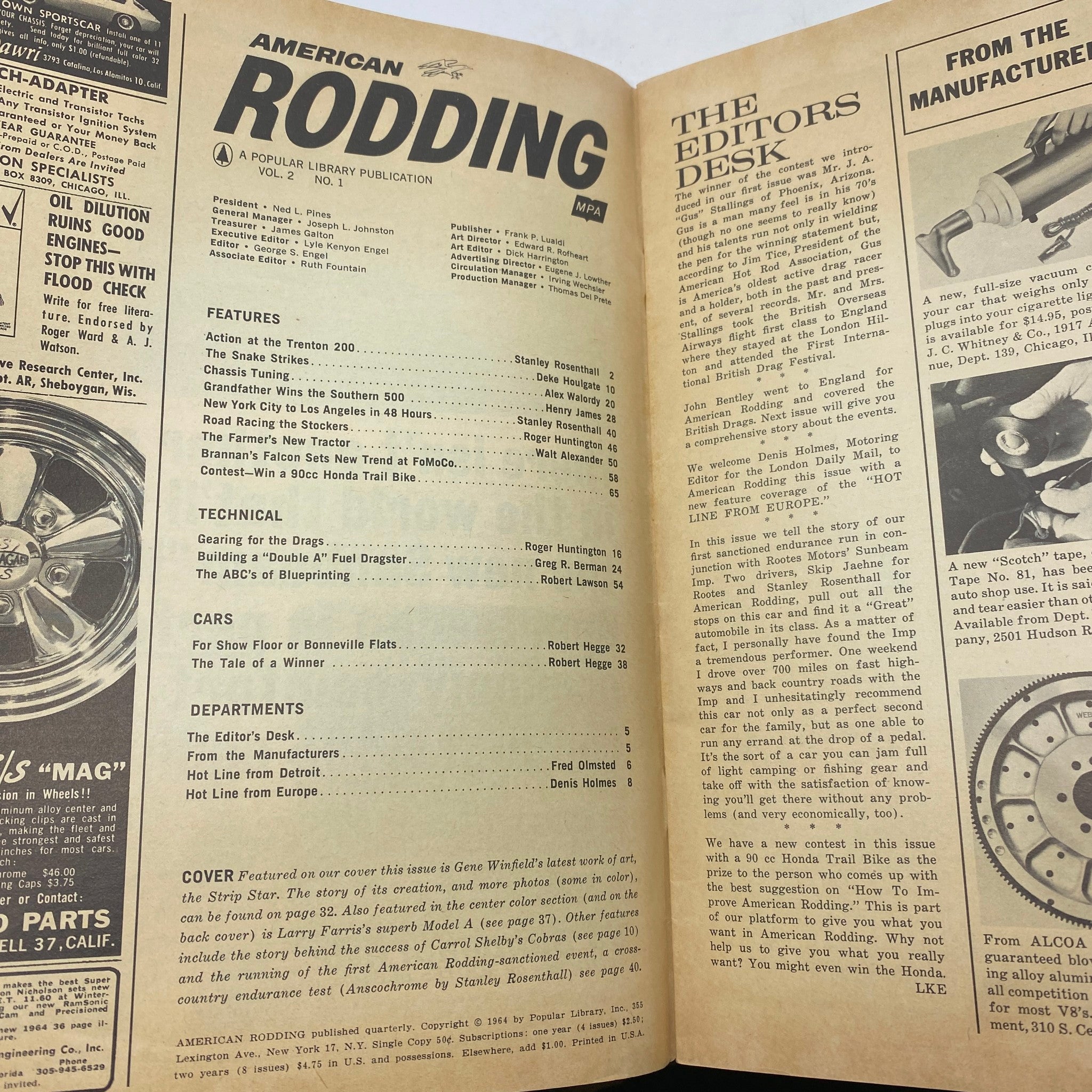 Interior page of VTG American Rodding Magazine March 1965, showcasing features and technical articles about rodding and automotive tuning, linked to Gene Winfield's Strip Star.