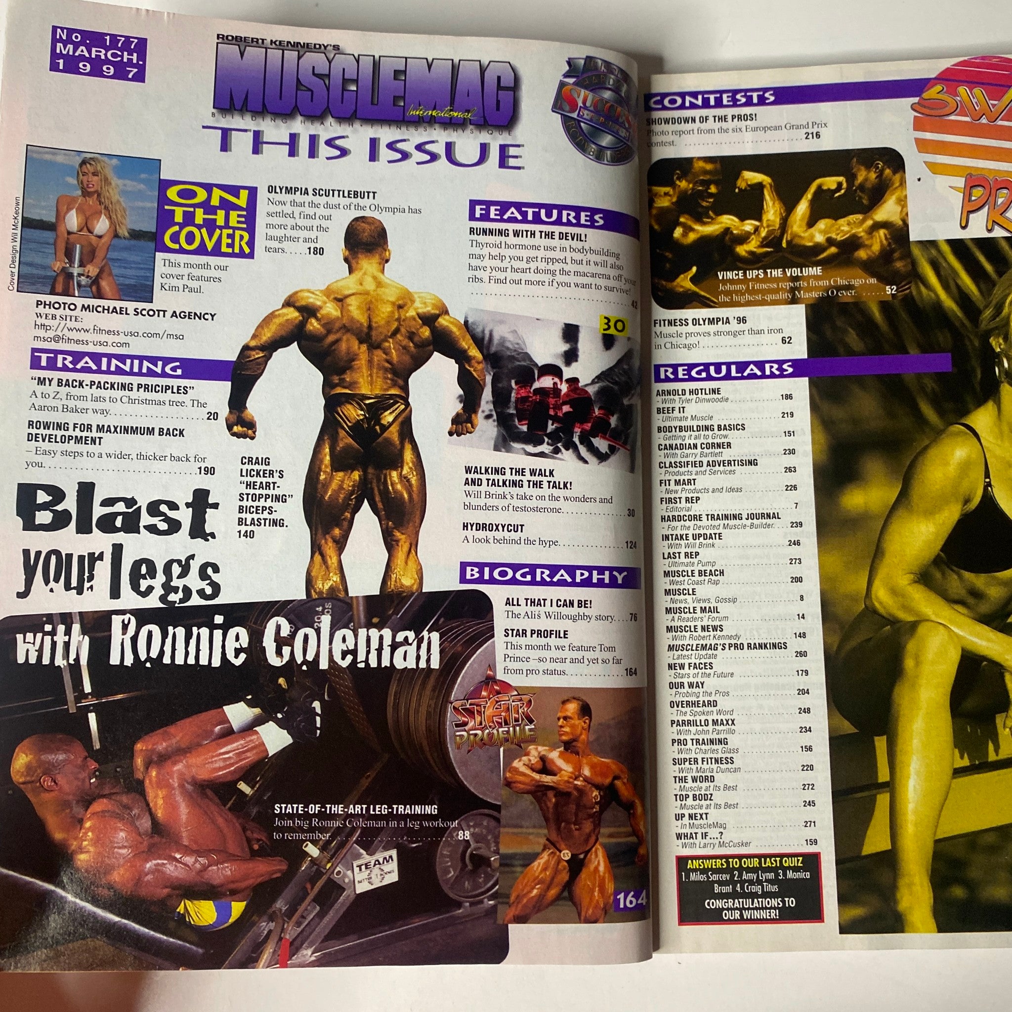 Interior spread of MuscleMag International Magazine March 1997 No. 177, highlighting articles on training and features, including Ronnie Coleman's leg training program.