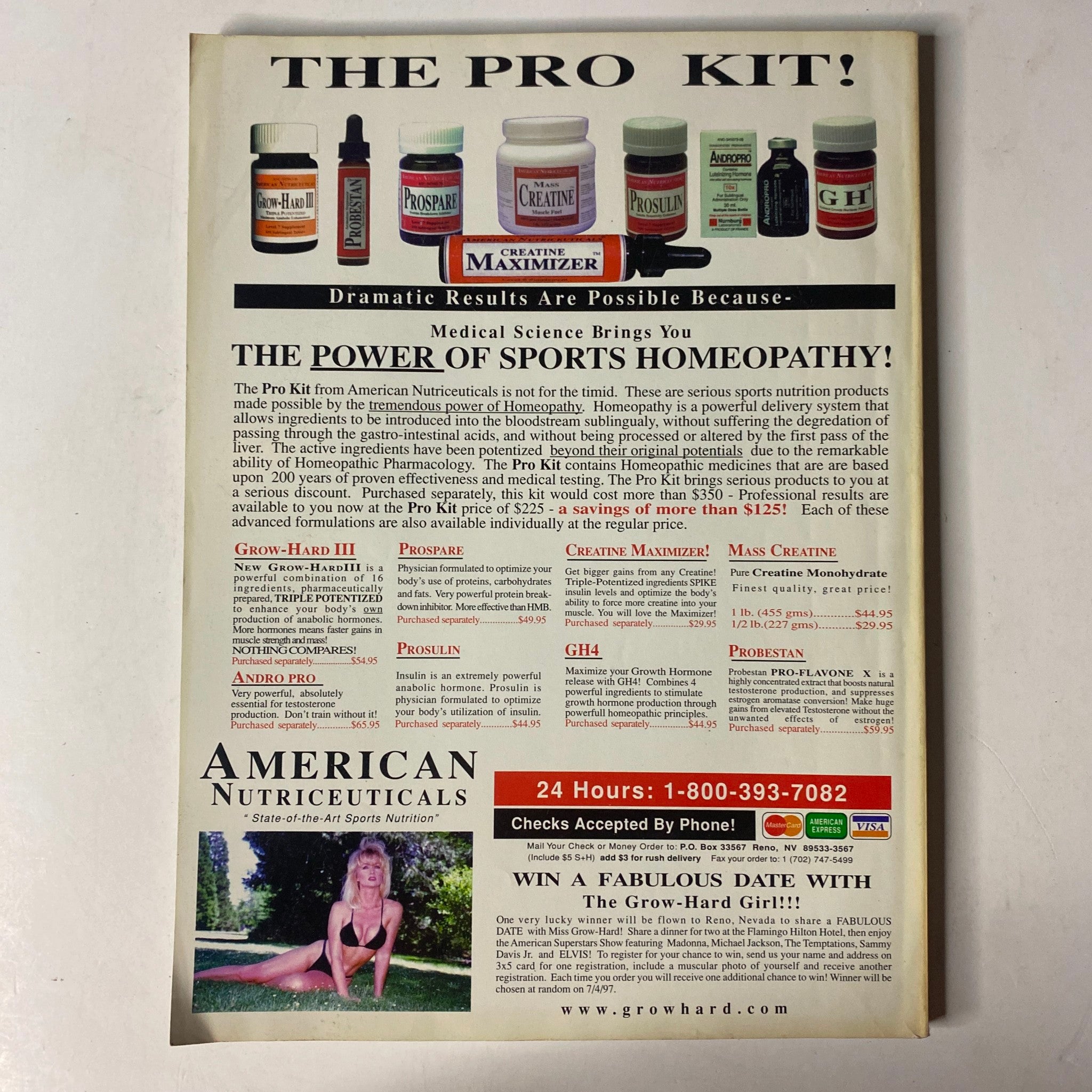 The Pro Kit advertisement from MuscleMag International Magazine March 1997 No. 177 promoting the power of sports homeopathy and featuring various nutritional products.