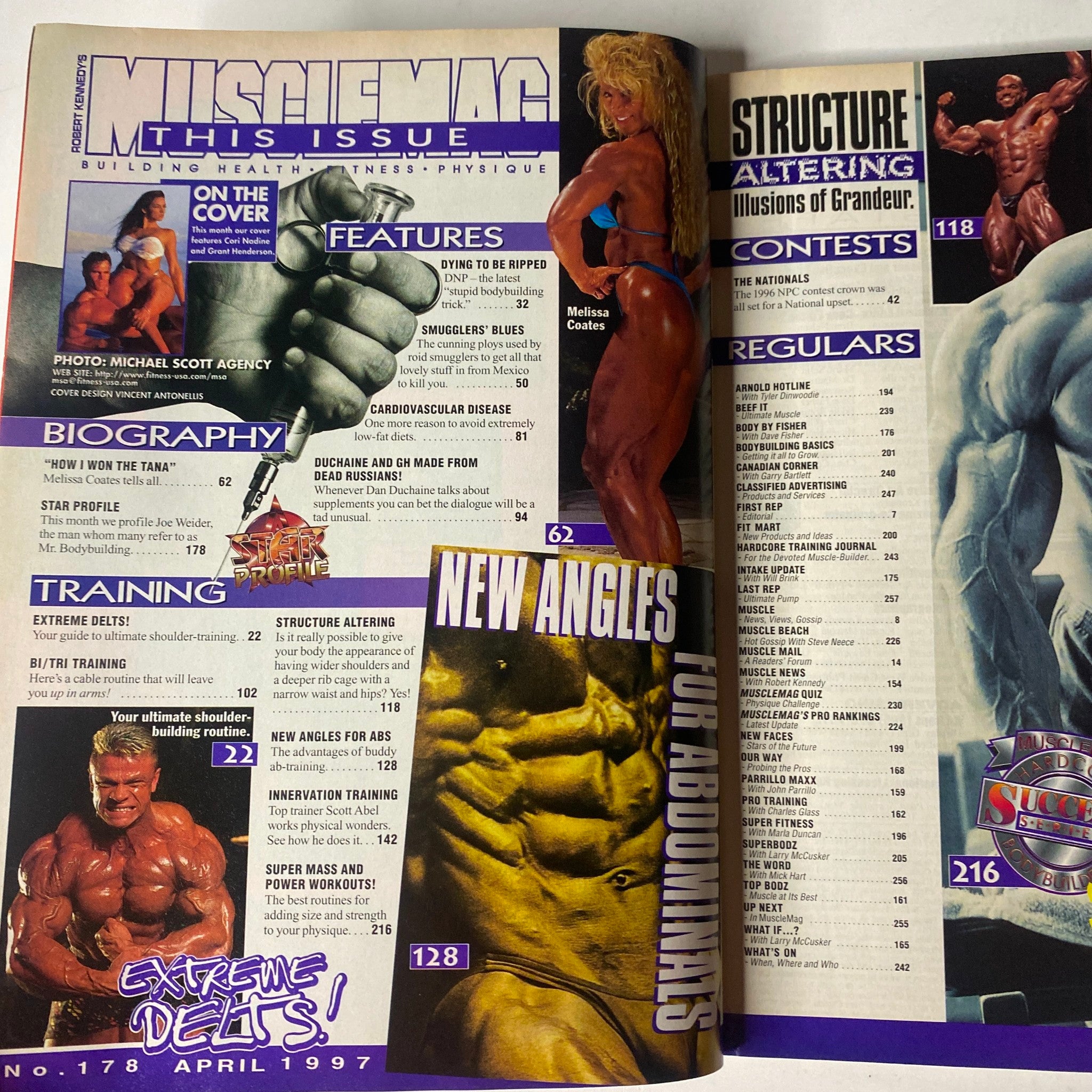 Inside pages of MuscleMag International Magazine April 1997 No. 178 highlighting articles on training and features, including profiles and contest updates.