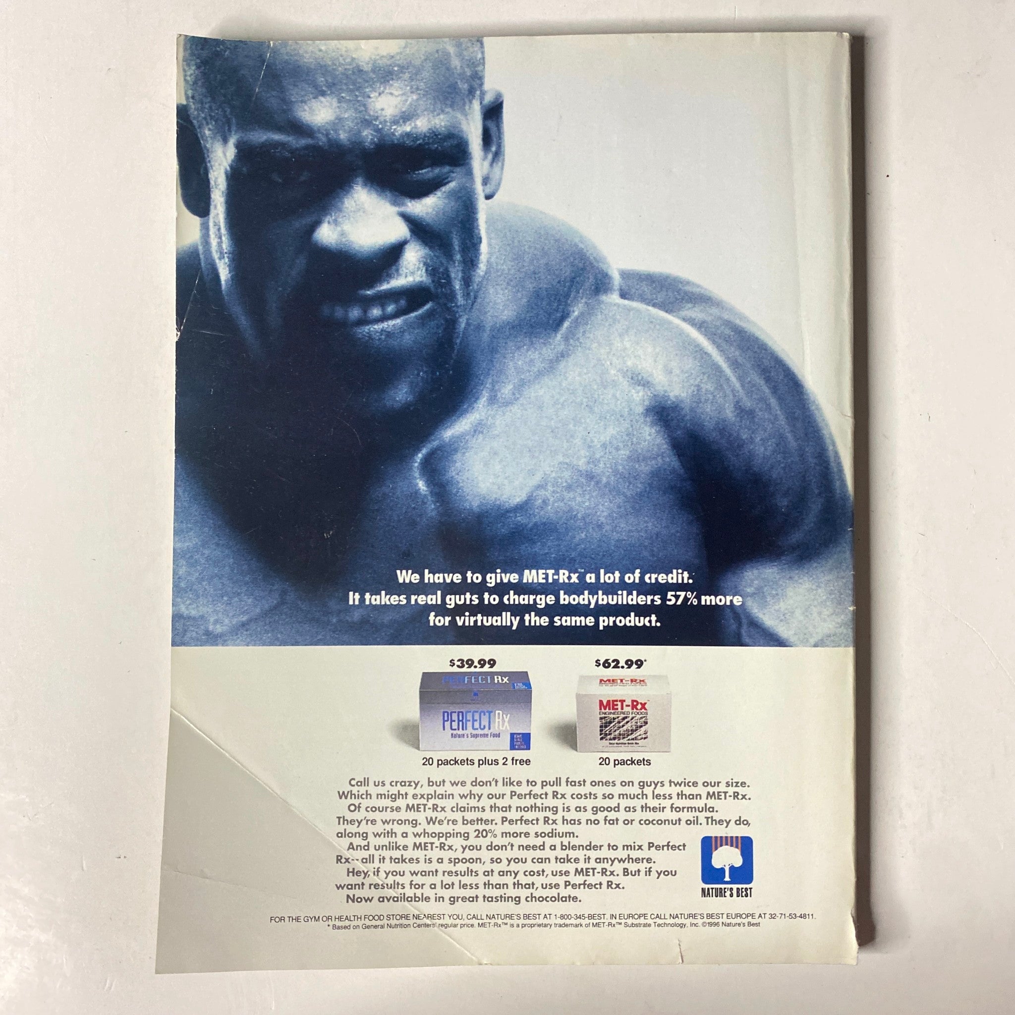 Back cover of MuscleMag International Magazine April 1997 No. 178 displaying an advertisement for MET-Rx products, emphasizing bodybuilding nutrition.
