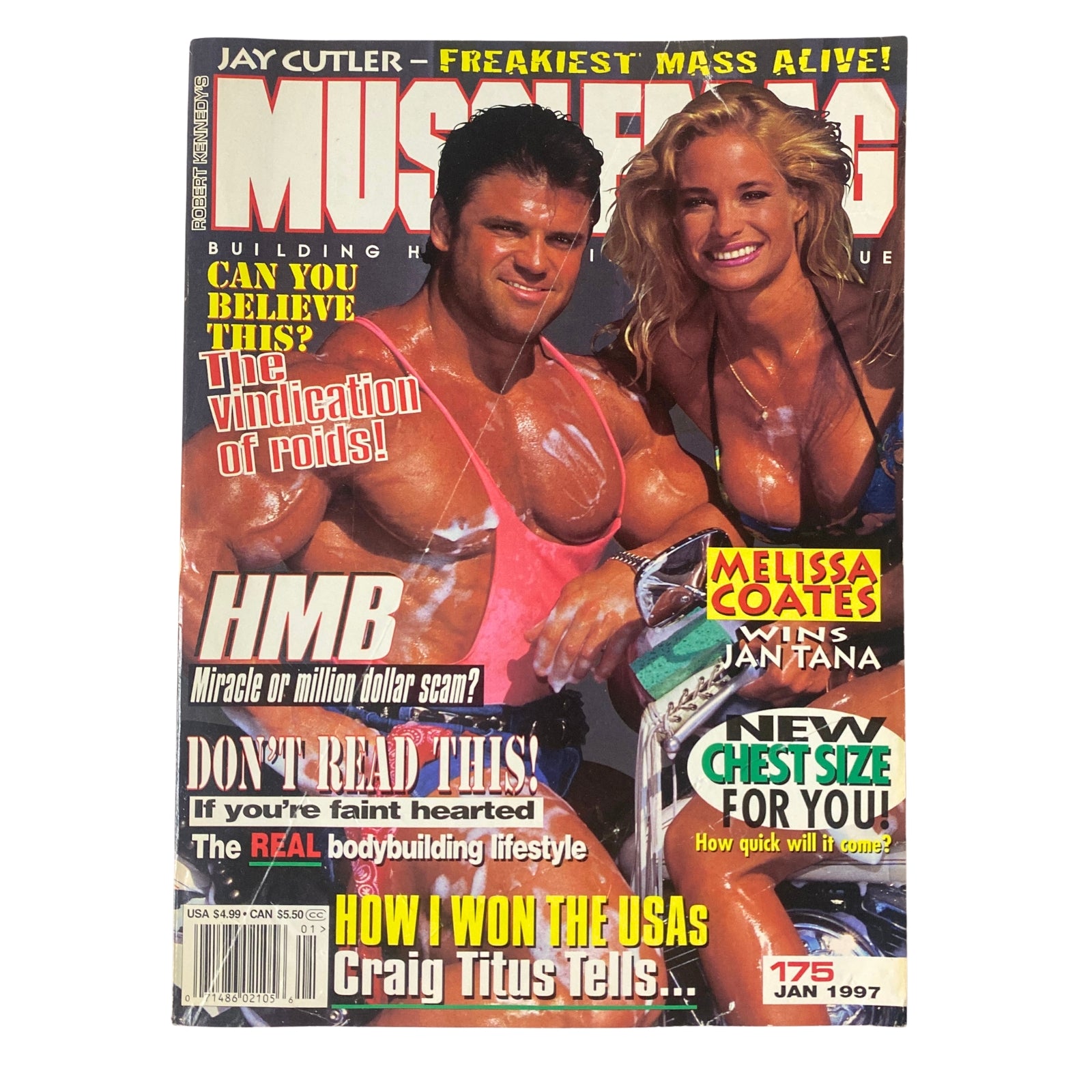 MuscleMag International Magazine January 1997 No. 175 featuring a muscular male and female model on the cover, showcasing bodybuilding culture and fitness advice. Vintage collectible in good condition from Original Magazines.