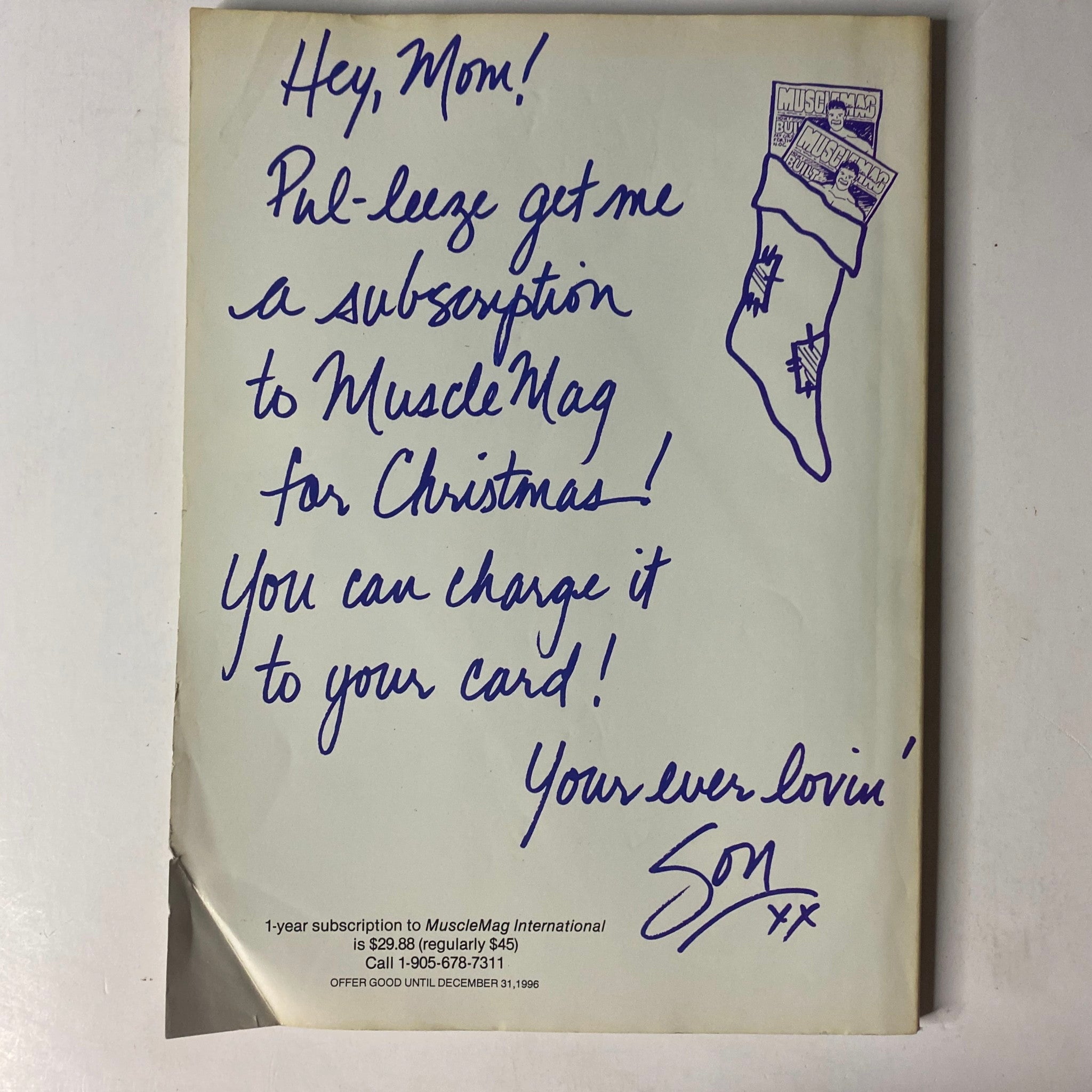 Subscription request page from MuscleMag International Magazine, February 1997, showing a handwritten note asking for a subscription as a Christmas gift.