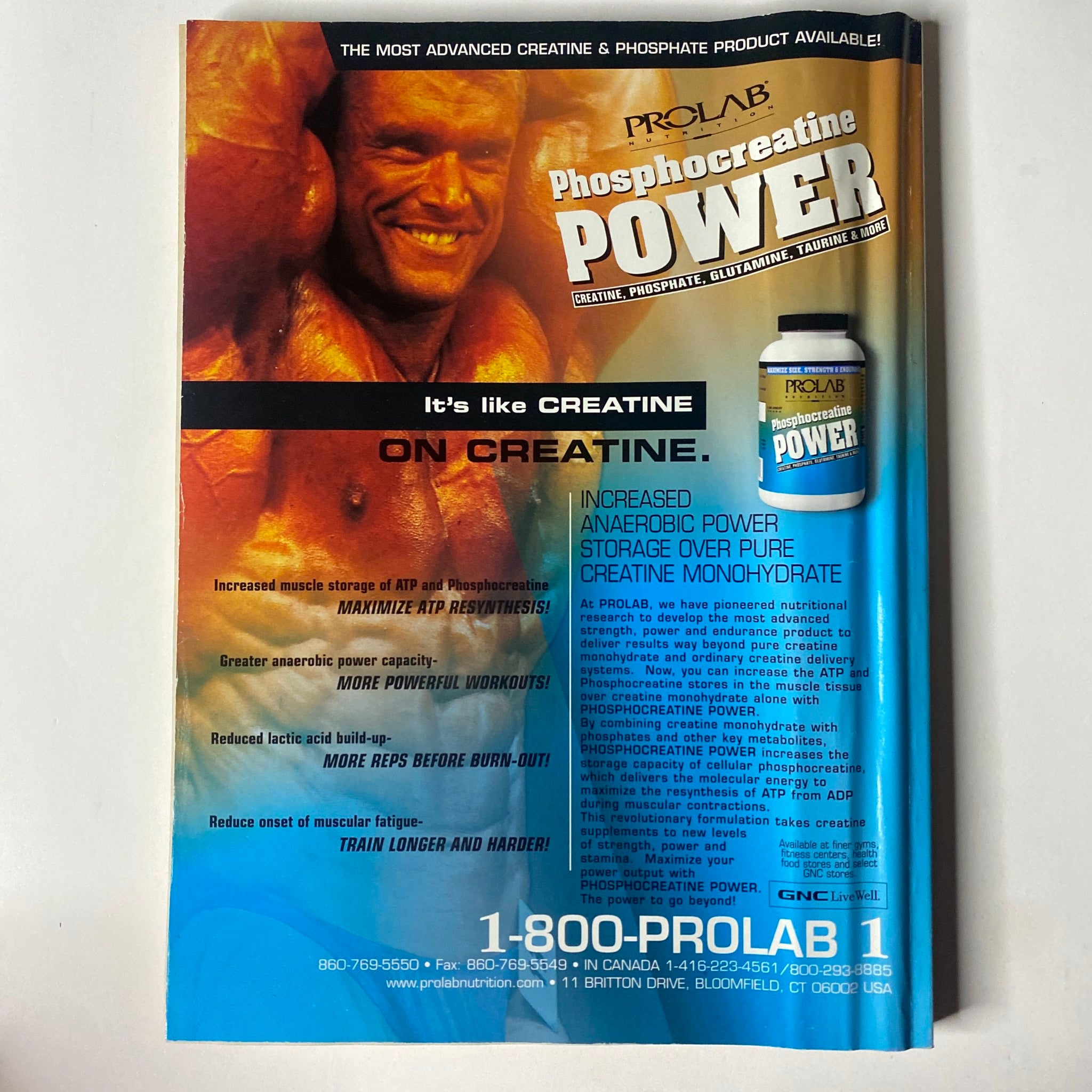Advertisement for Prolab Phosphocreatine Power in MuscleMag International Magazine June 1998, promoting its benefits for increased muscle power and workout efficiency.