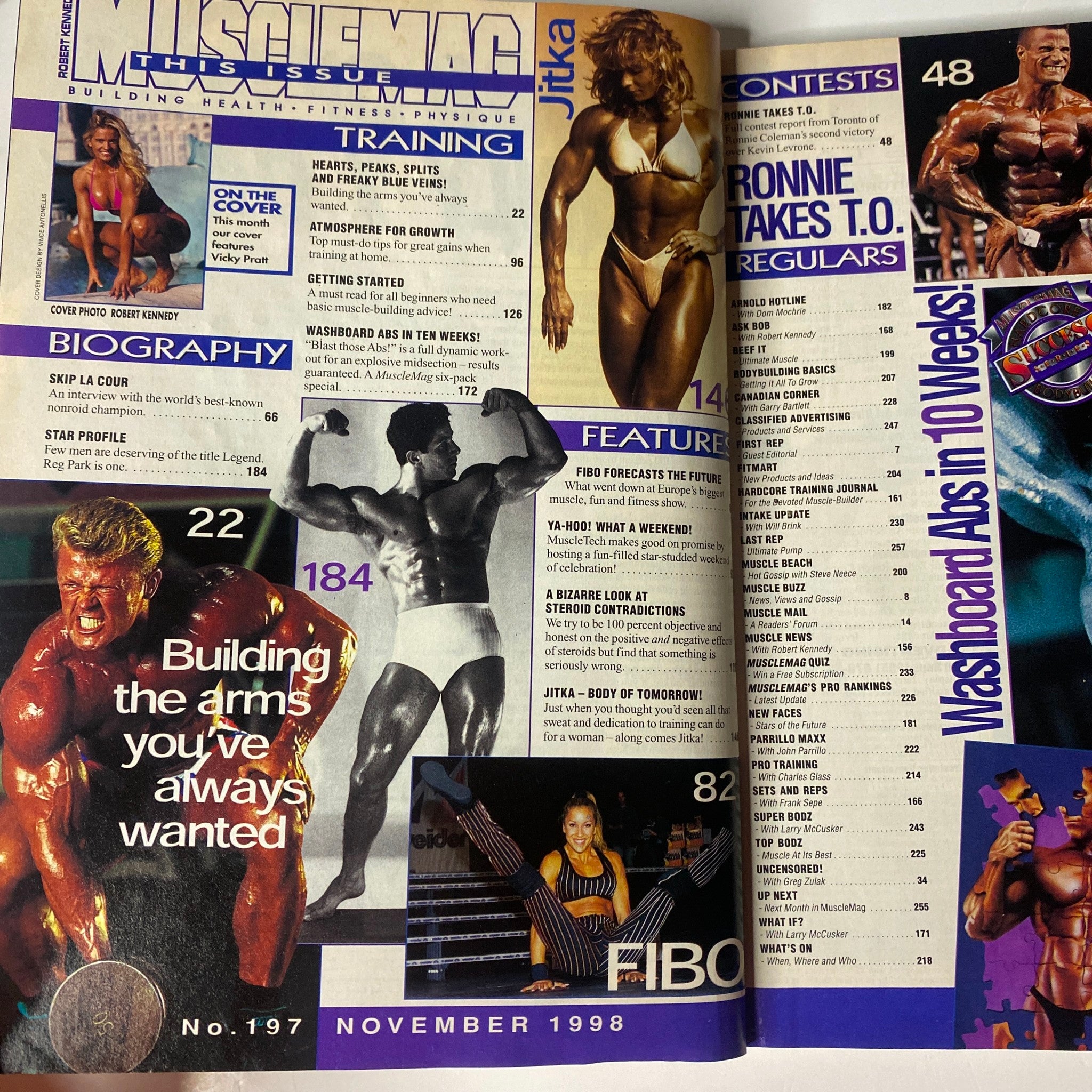 Cover of MuscleMag International Magazine November 1998 No. 197 featuring bodybuilding content, athlete spotlights, and articles on fitness and training. Highlights the theme 'Building the arms you've always wanted' with Vicky Pratt on the cover.