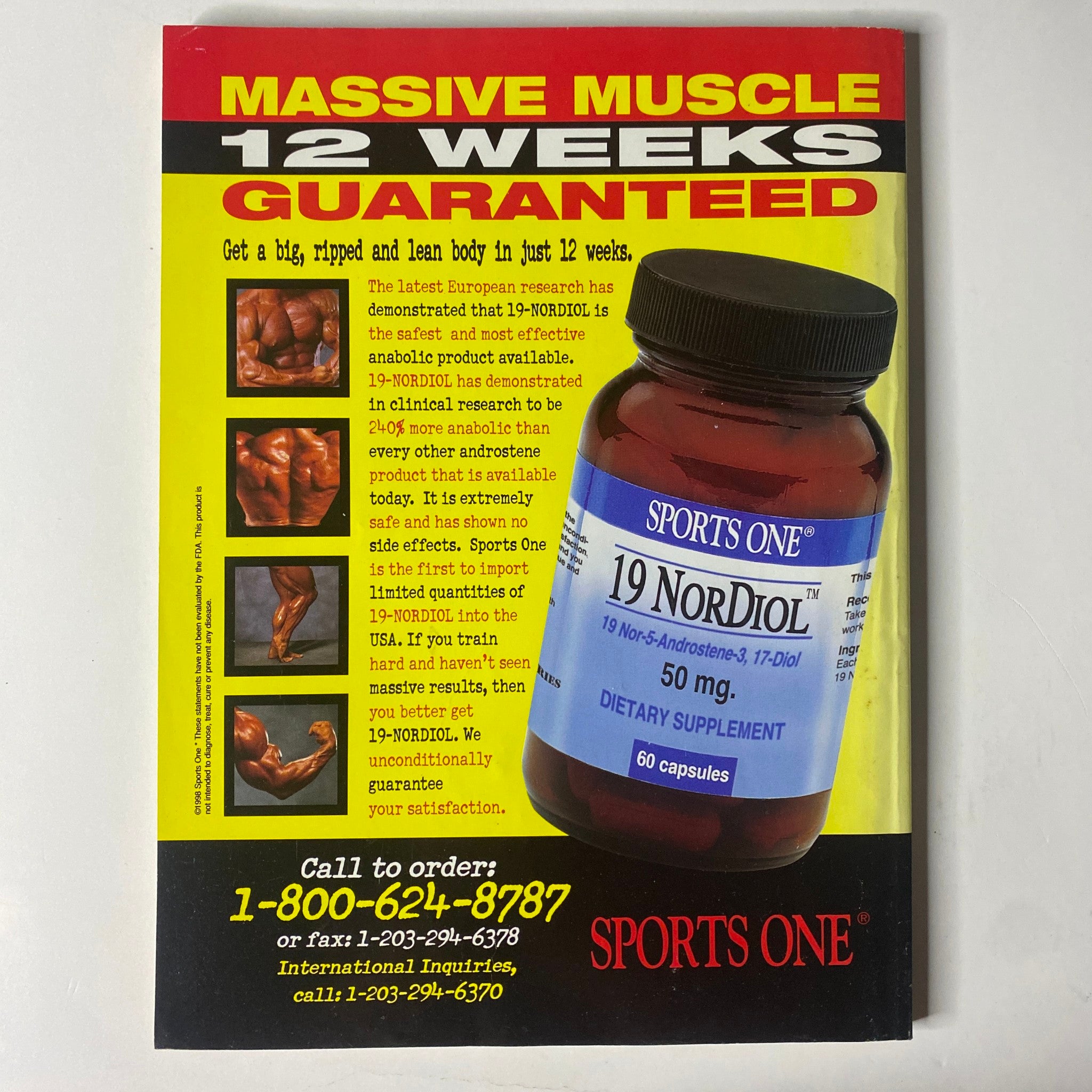 Back cover of MuscleMag International Magazine November 1998 No. 197 showcasing an advertisement for Sports One's 19 Nordiol dietary supplement. Promotes a fitness challenge for achieving a ripped physique in 12 weeks.