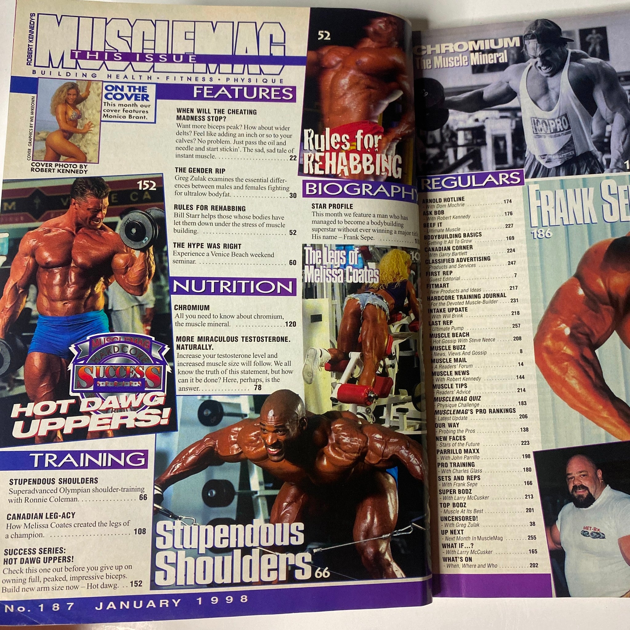 Interior pages of MuscleMag International Magazine January 1998 No. 187 displaying articles on nutrition, training, and fitness features.