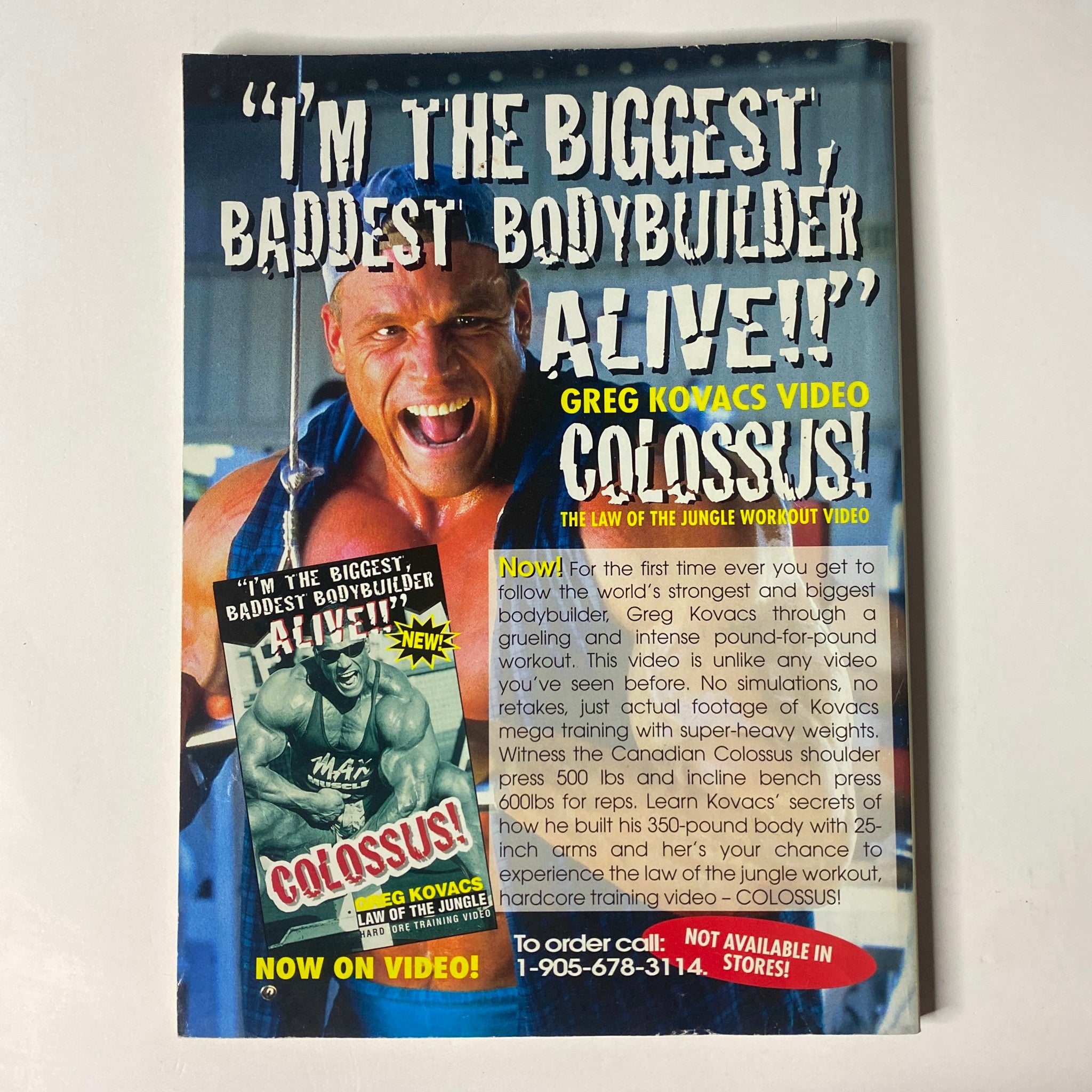 Advertisement for Greg Kovacs' workout video 'Colossus' in MuscleMag International Magazine January 1998 No. 187, promoting strength training.