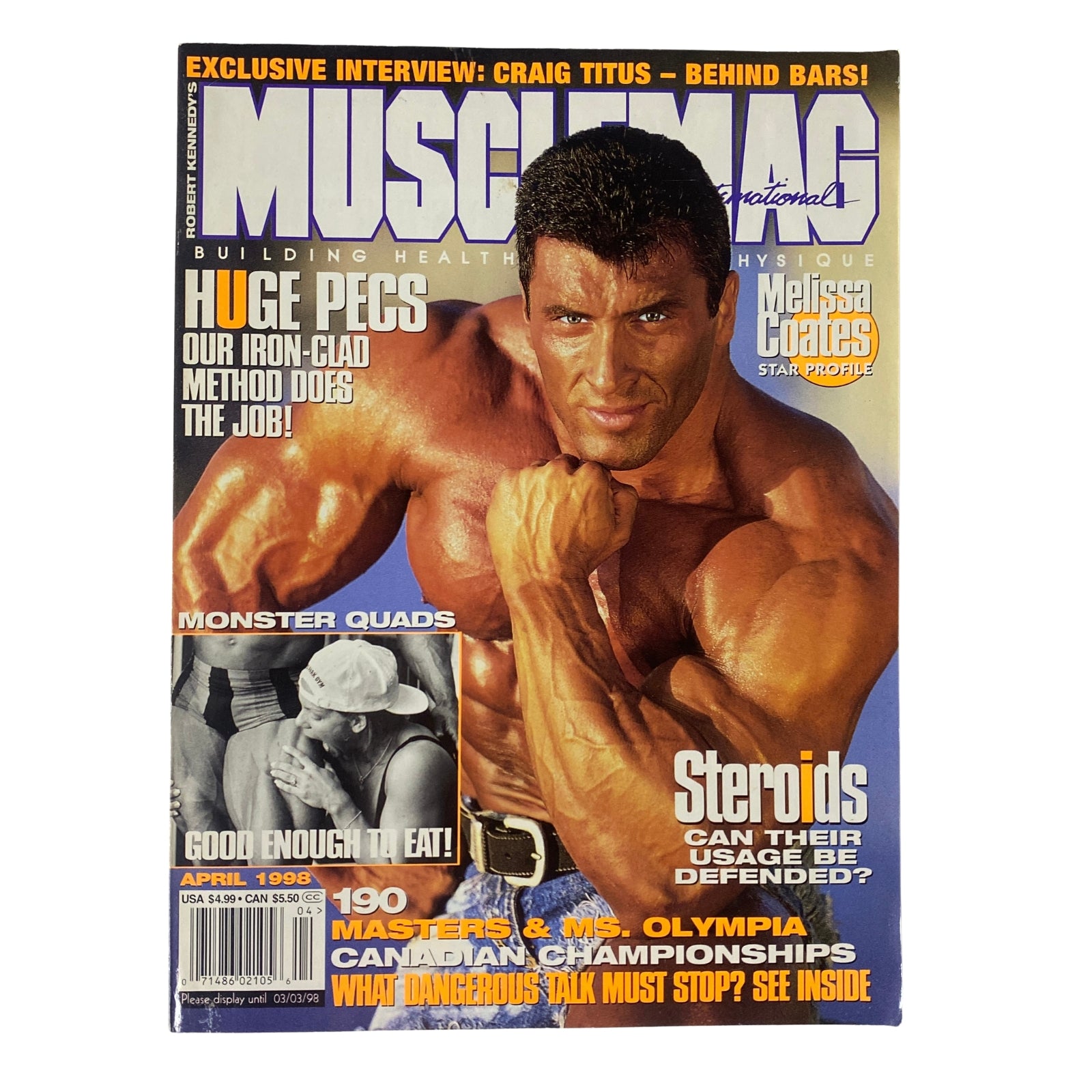 Cover of MuscleMag International Magazine April 1998, No. 190 featuring Milos Sarcev showcasing bodybuilding physique, with headlines about steroids and bodybuilding fitness.