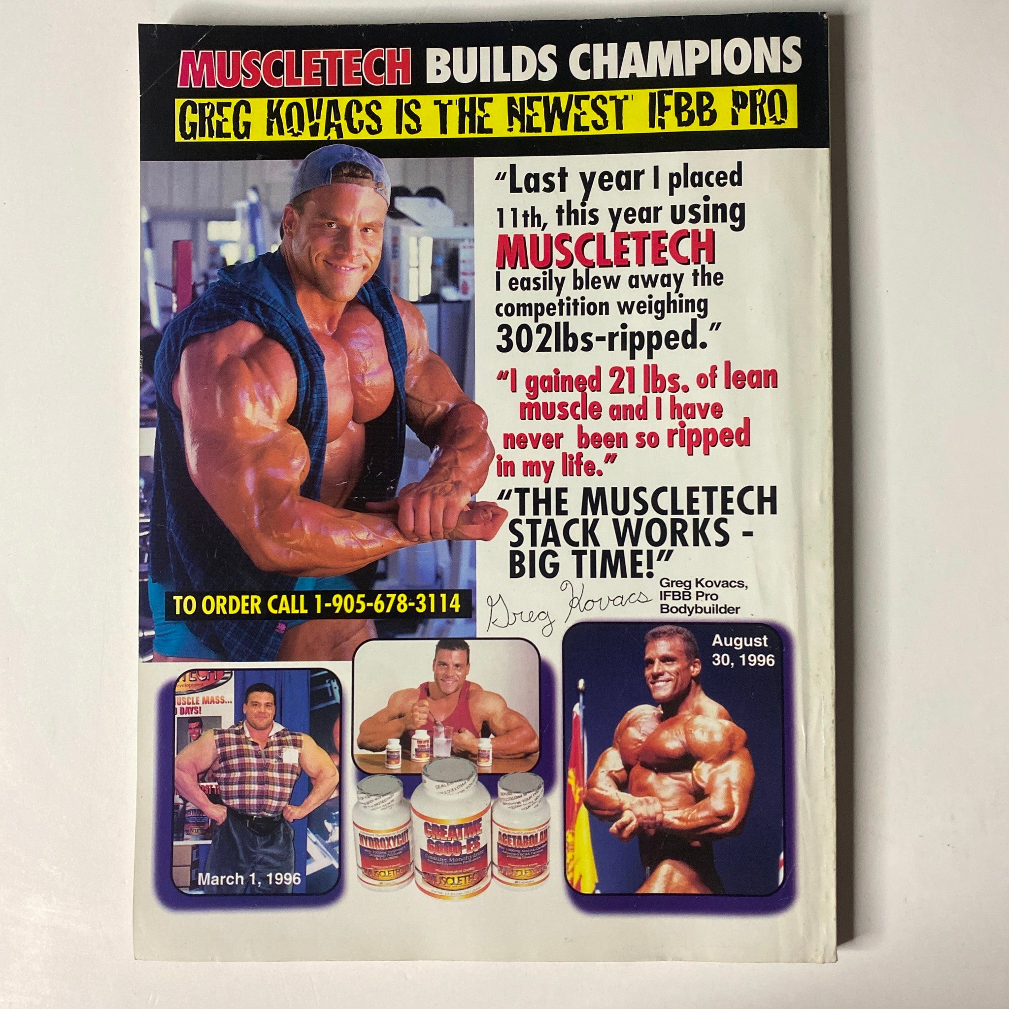 Back cover of MuscleMag International Magazine April 1998, No. 190 showcasing an advertisement for Muscletech products with Greg Kovacs, a bodybuilder sharing his success story.