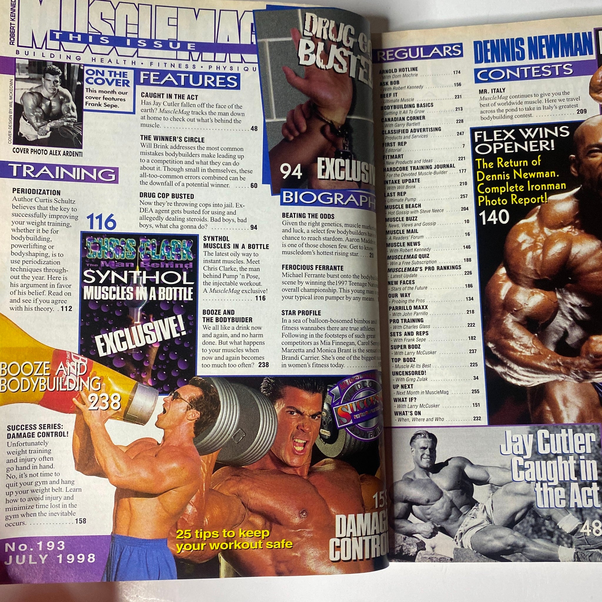 Inside pages of MuscleMag International Magazine, July 1998 No. 193 featuring articles on bodybuilding training, nutrition strategies, and industry updates, including a section on Synthol.