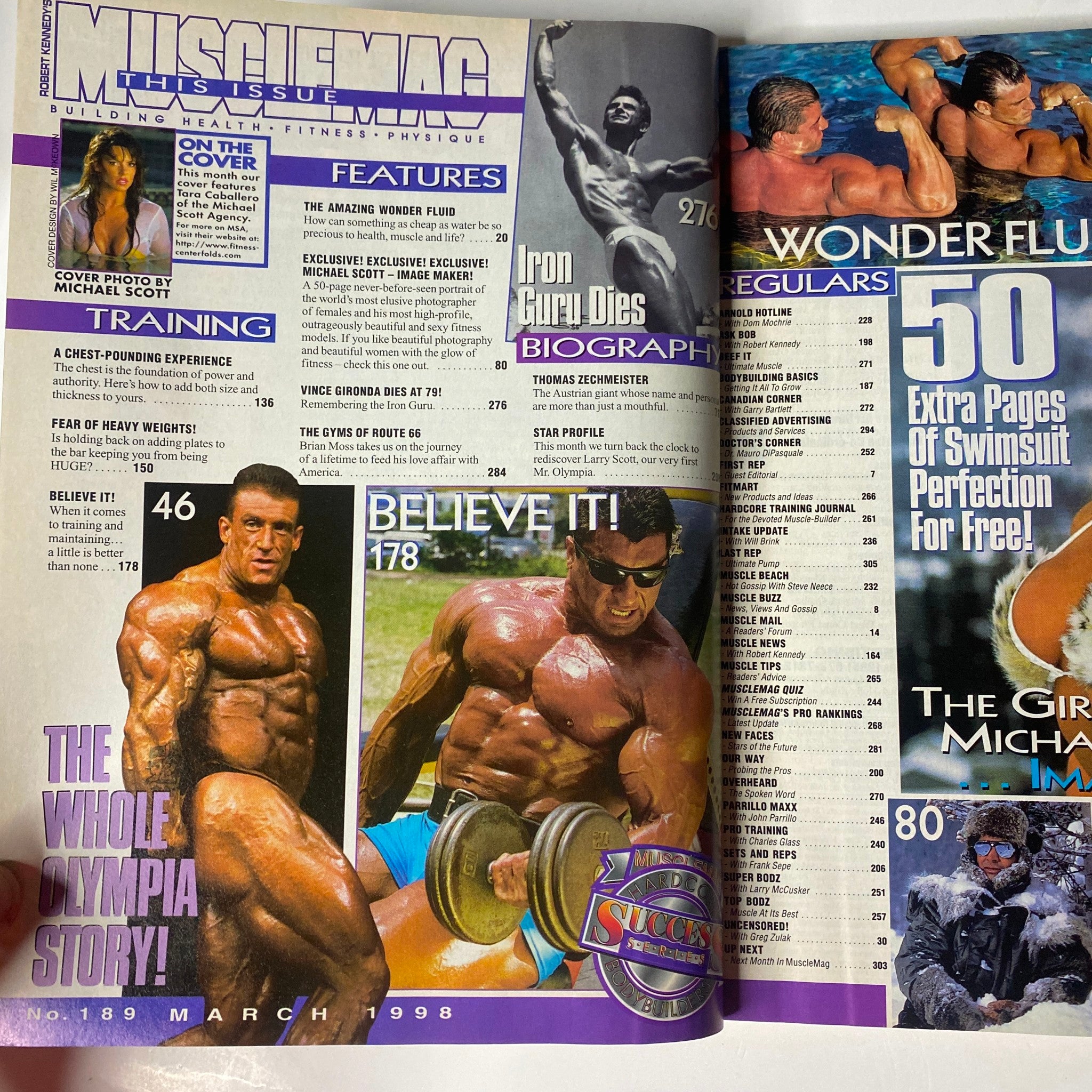 Interior page of MuscleMag International Magazine March 1998 No. 189 displaying features like Iron Greg's biography and training tips, emphasizing its rich content in bodybuilding.