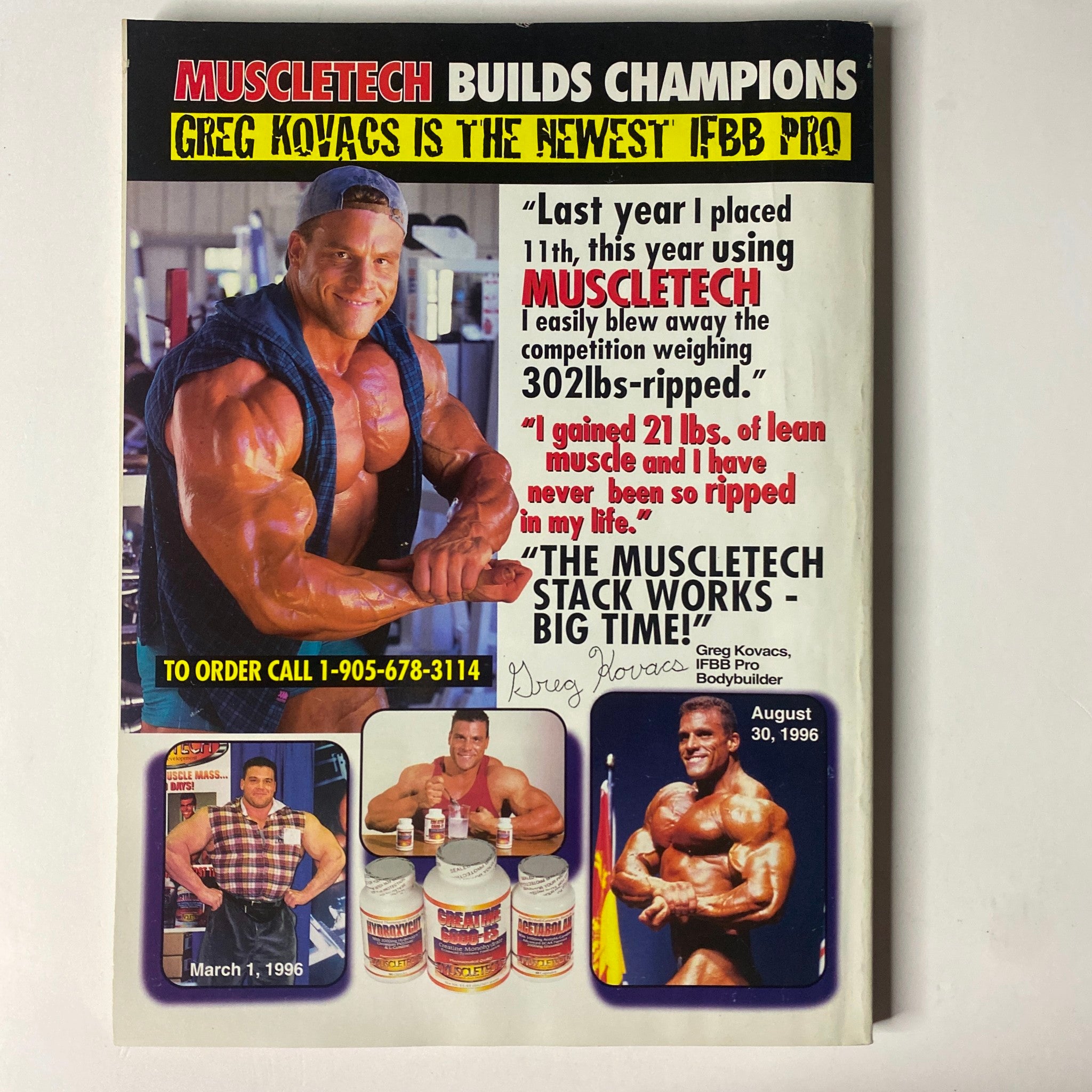 Back cover of MuscleMag International Magazine March 1998 No. 189 promoting MuscleTech products with a testimonial from Greg Kovacs, illustrating the magazine's tie to fitness brands.