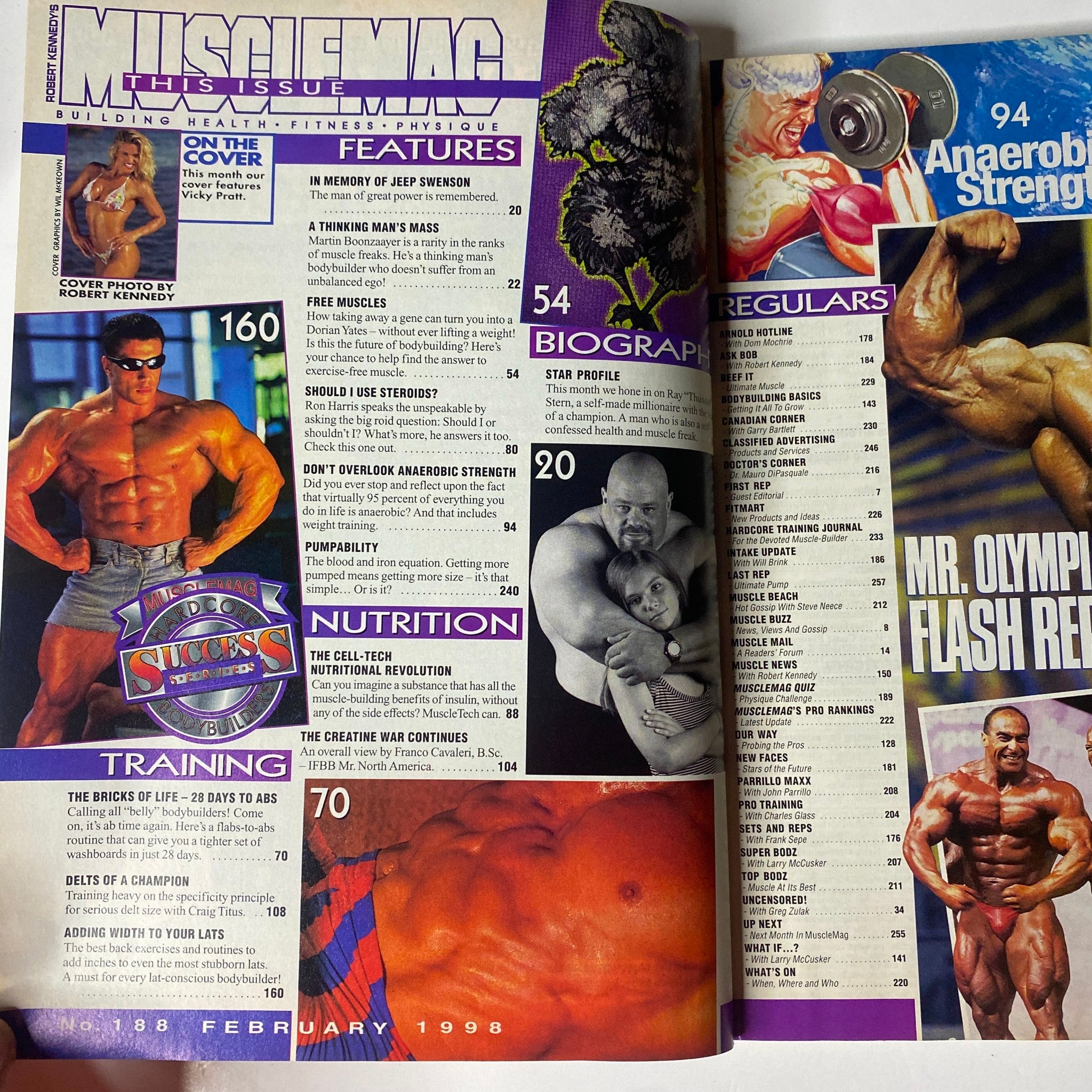 MuscleMag International Magazine February 1998 No. 188 featuring Vicky Pratt, showcasing bodybuilding training, nutrition tips, and notable features from the fitness industry during the late 1990s.