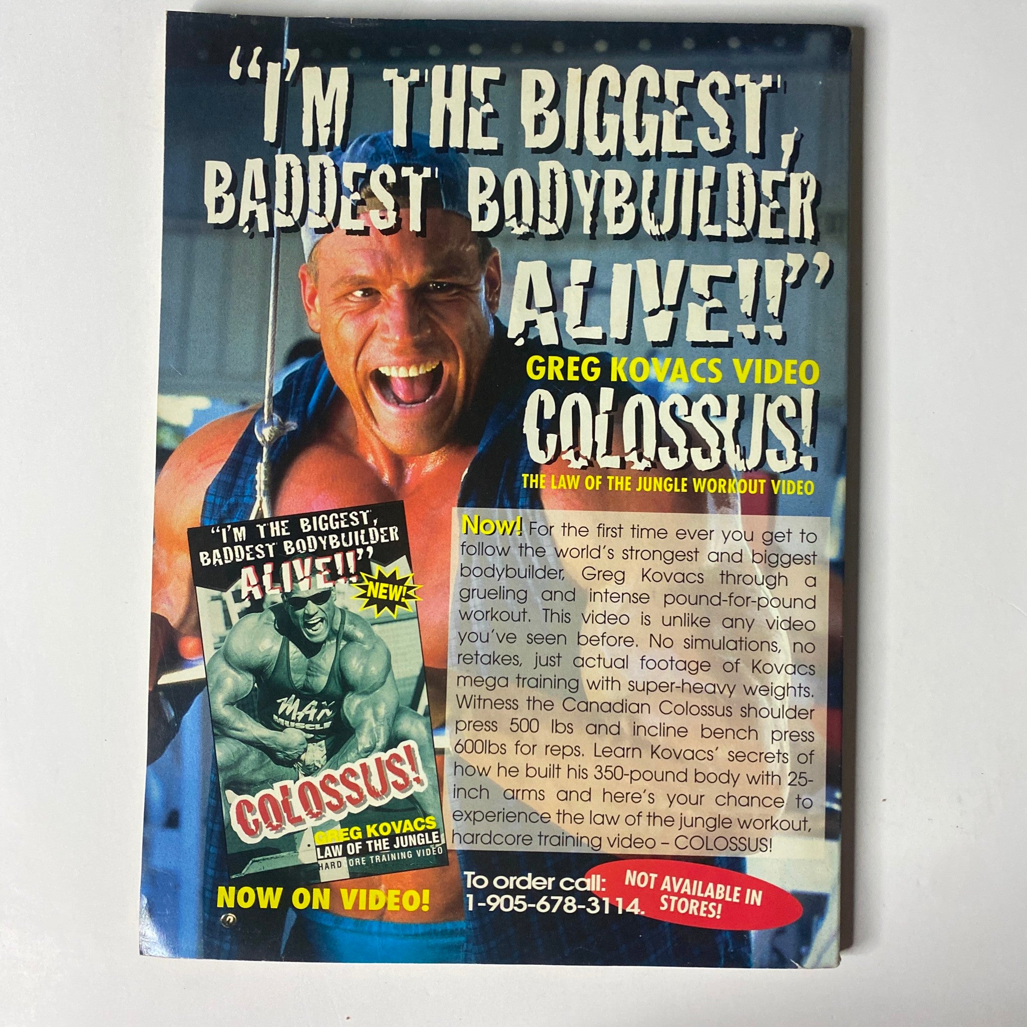 Promotional cover for Greg Kovacs' video, 'Colossus!', described as the 'biggest, baddest bodybuilder alive,' offering a unique workout from the MuscleMag publication.