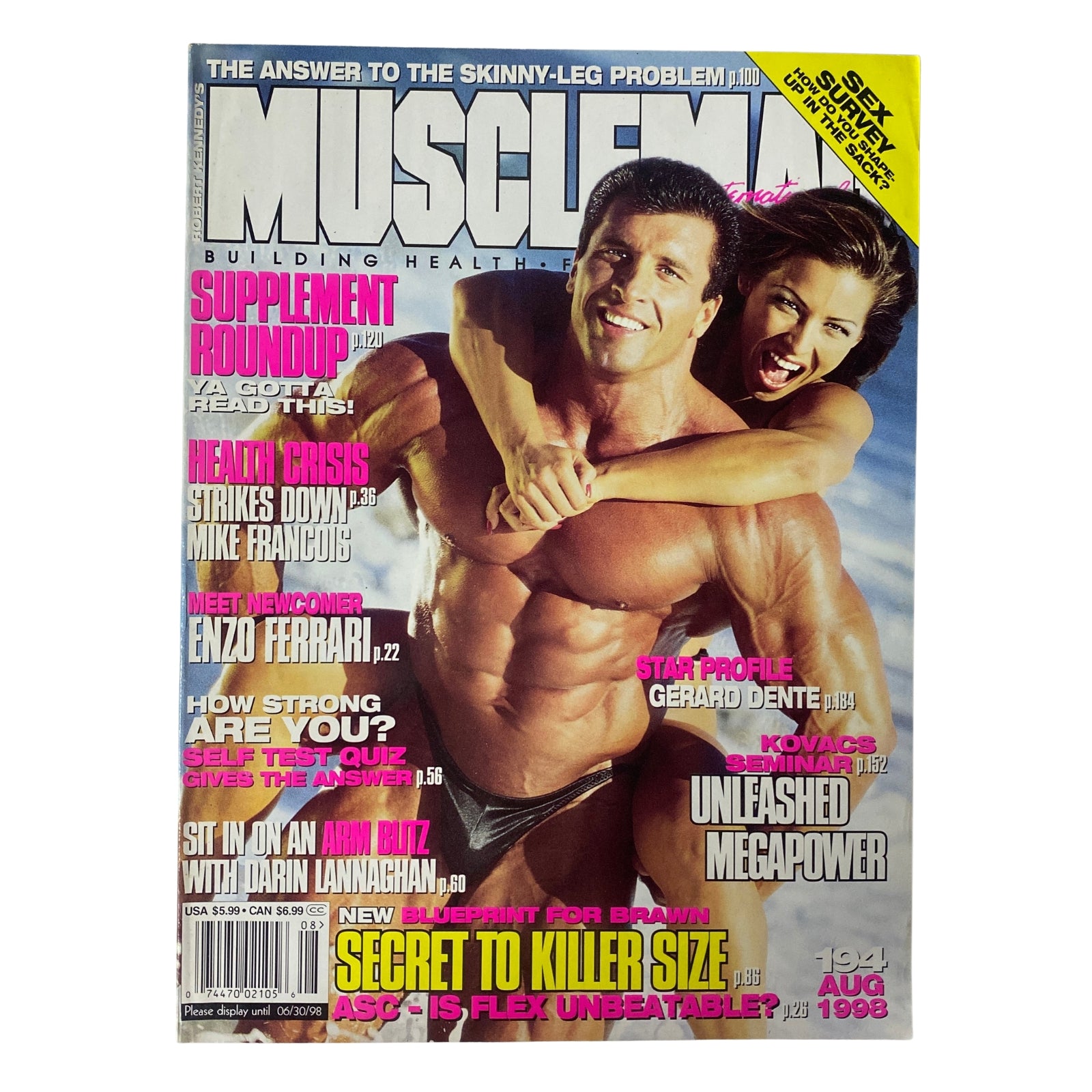MuscleMag International Magazine August 1998 No. 194 featuring a cover image with a muscular man and woman, showcasing fitness and bodybuilding themes in very good condition.