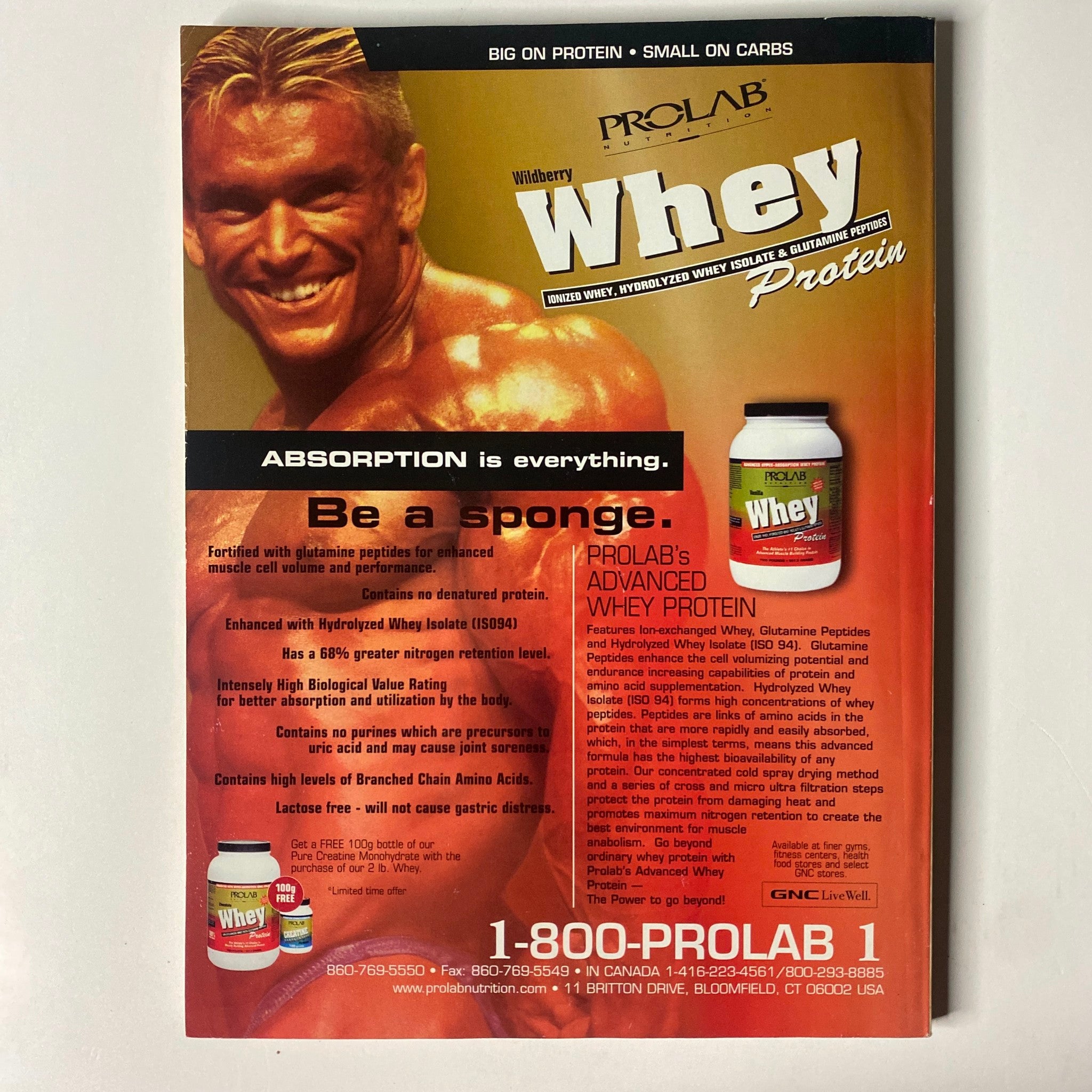 Advertisement page from MuscleMag International Magazine August 1998 No. 194 promoting ProLab Whey Protein, emphasizing the importance of protein absorption for muscle development.