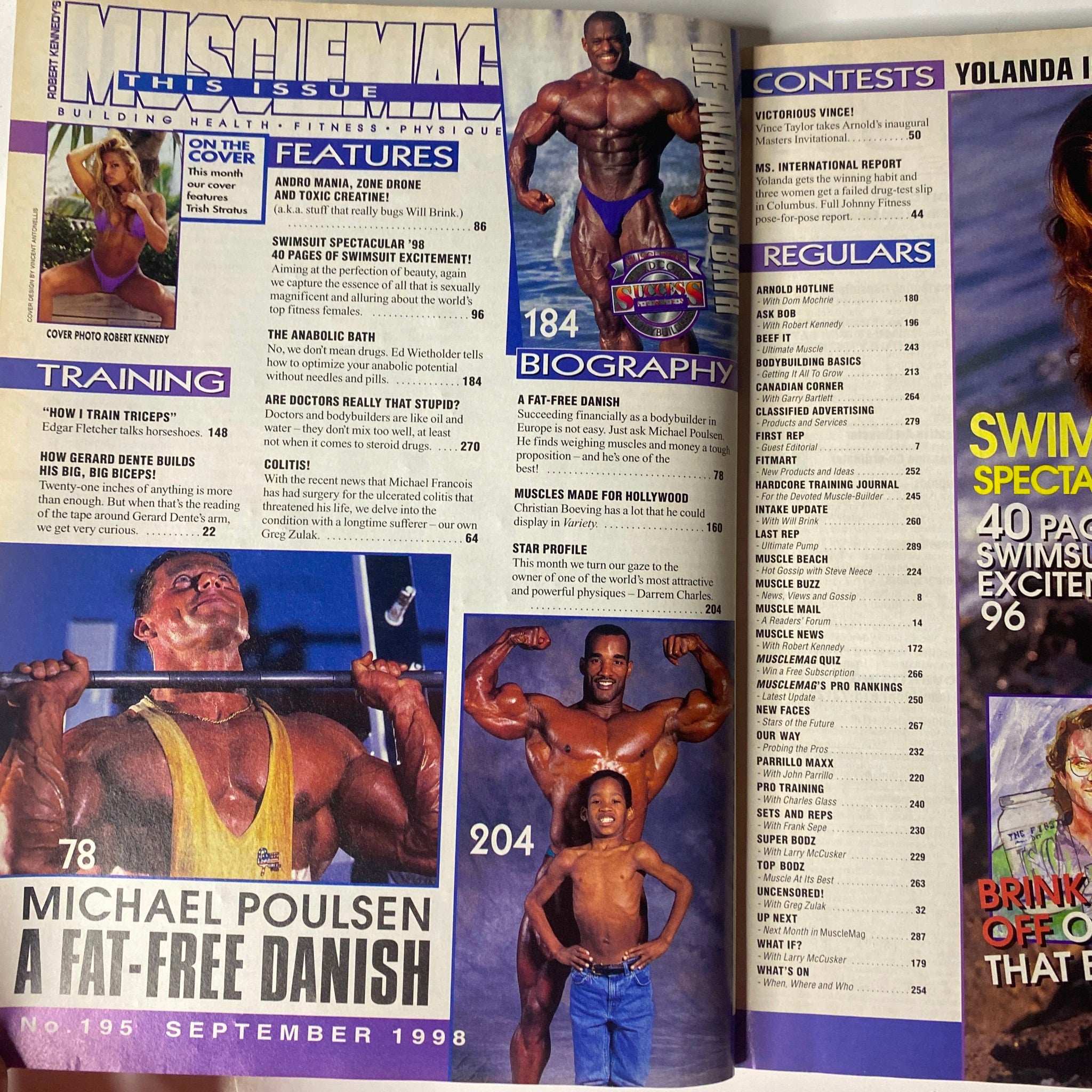 Inside page of MuscleMag International Magazine September 1998 No. 195 showcasing articles and images related to fitness training, including a profile of Michael Poulsen and other fitness content.