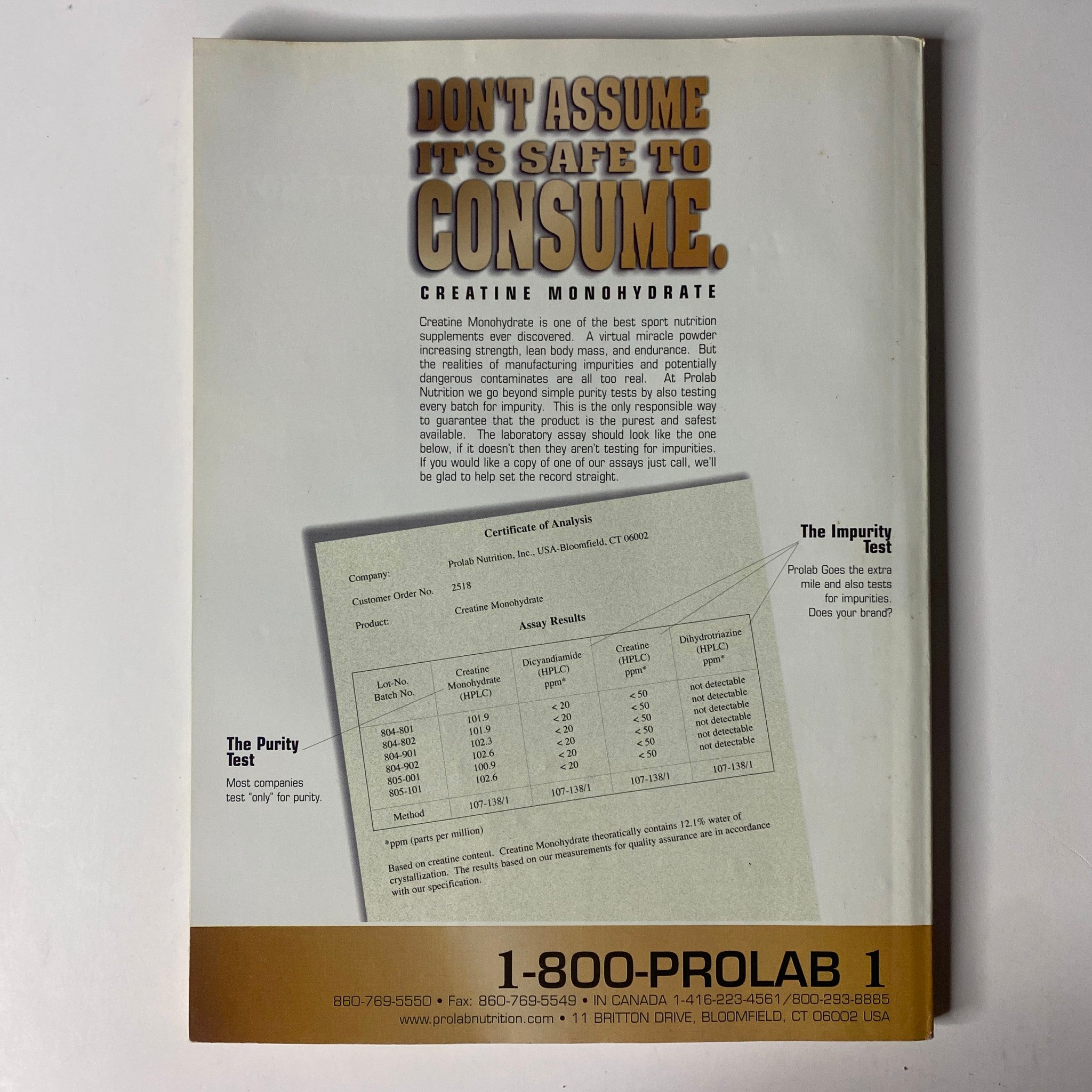 Back cover of MuscleMag International Magazine September 1998 No. 195 featuring an advertisement for creatine monohydrate with a description of purity tests, providing health supplement information.