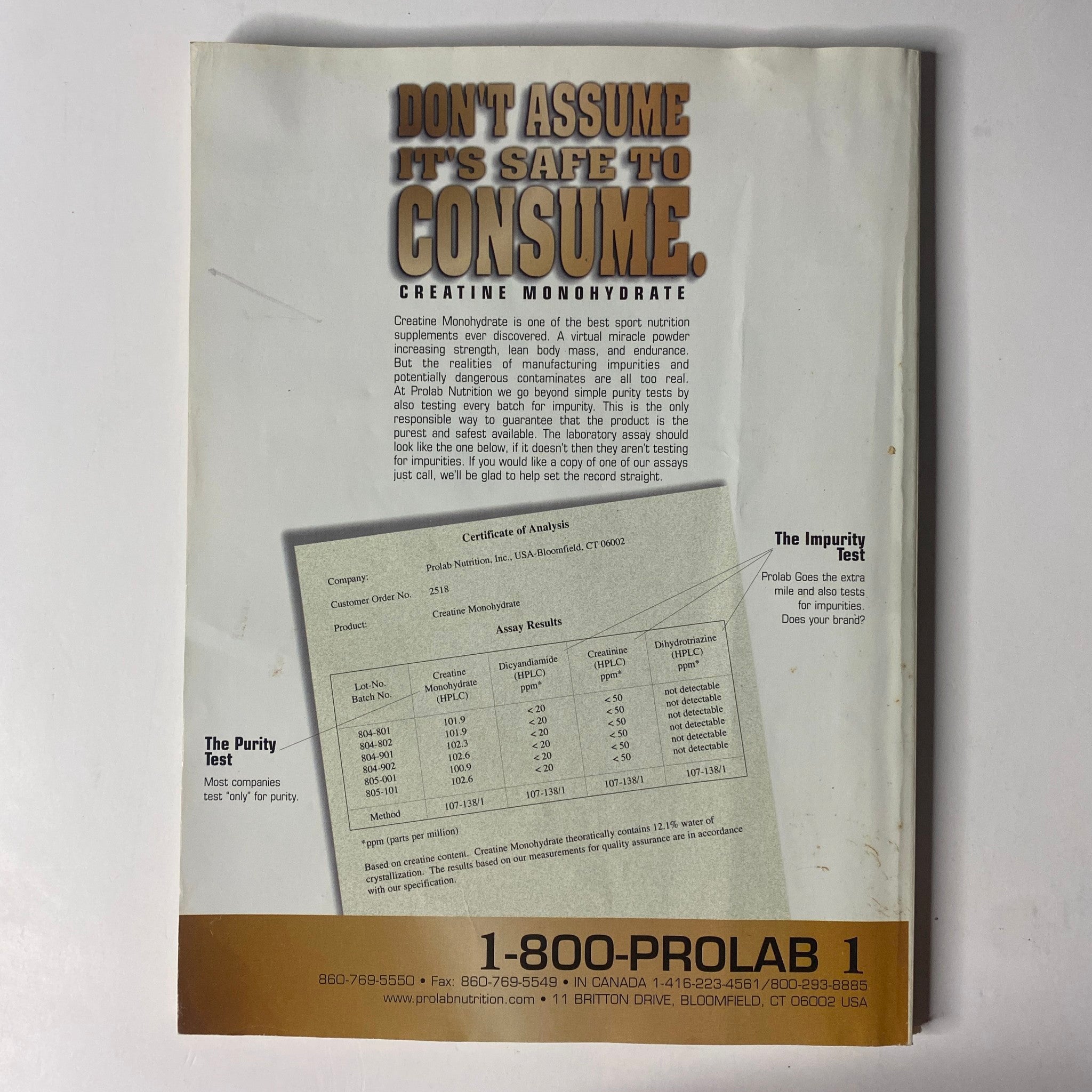 Back cover of MuscleMag International Magazine October 1998 No. 196 featuring a health safety advisory about creatine monohydrate. The image includes a certificate of analysis and contact information for ProLab.