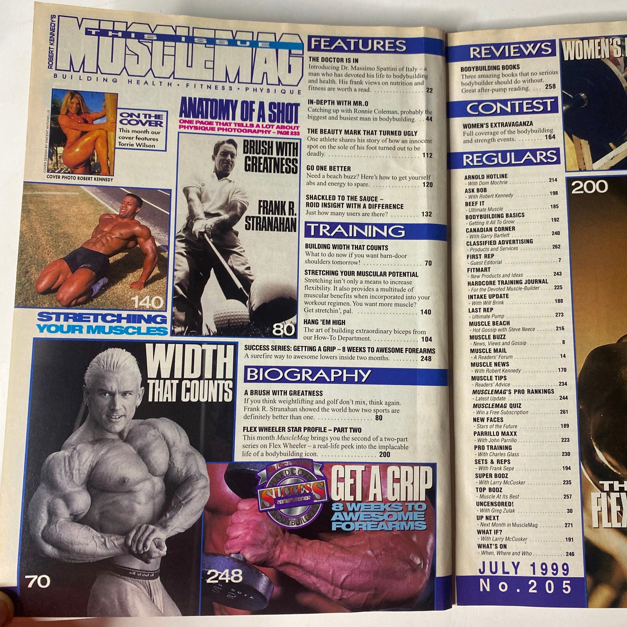 Interior page from MuscleMag International Magazine, July 1999, No. 205, highlighting various features, training tips, and biographies of athletes.