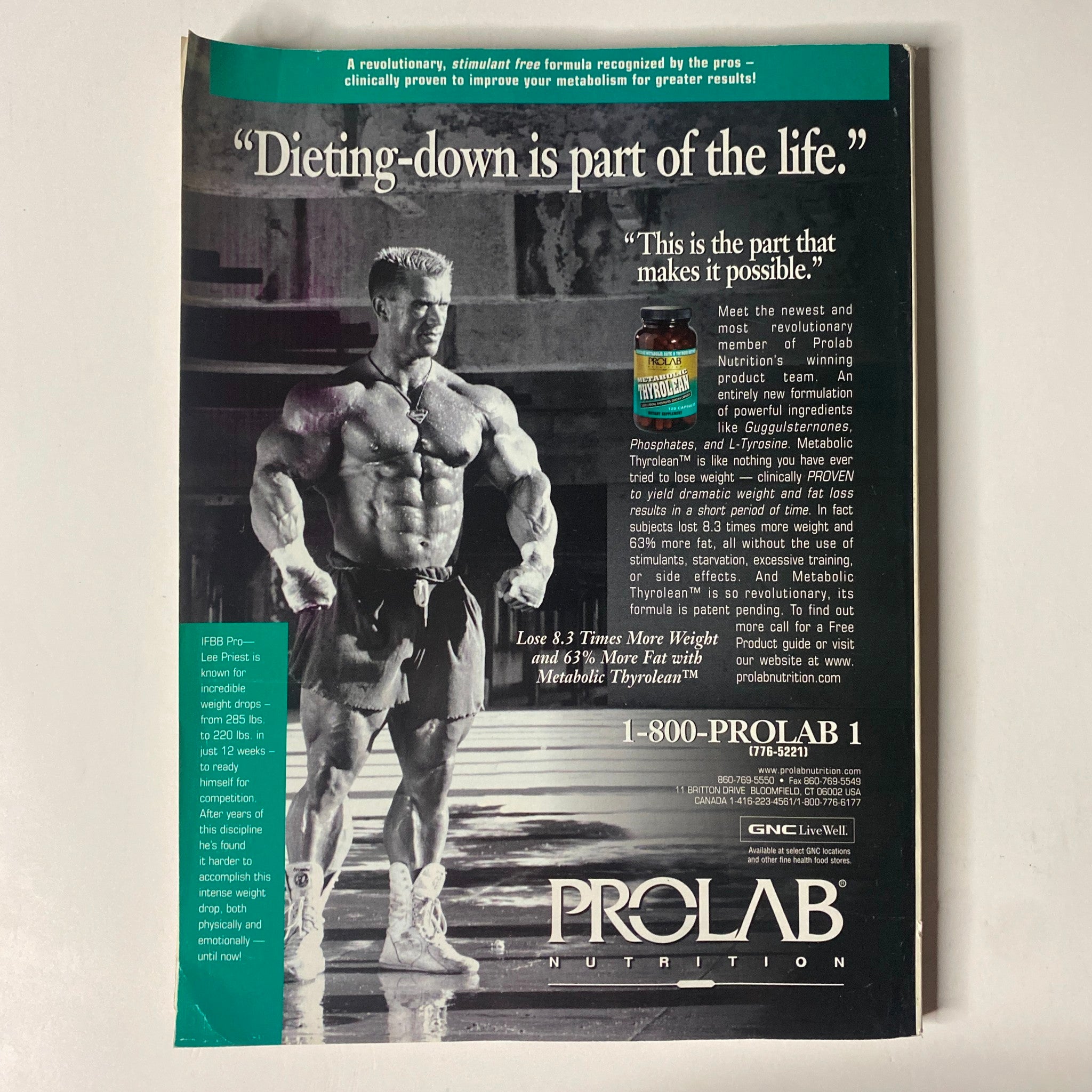 Back cover of MuscleMag International Magazine, July 1999, No. 205, advertising ProLab Nutrition with a focus on bodybuilding supplements.