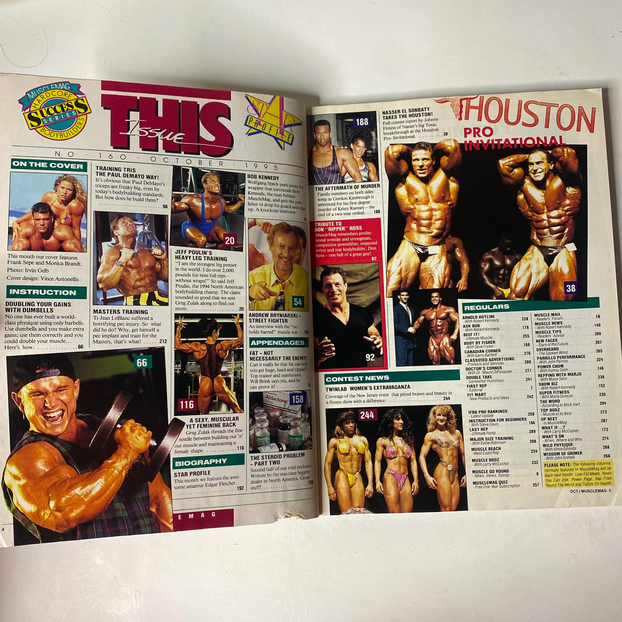 Inside page of MuscleMag International Magazine October 1995 No. 160, displaying contest news, profiles, and bodybuilding insights along with visual content.