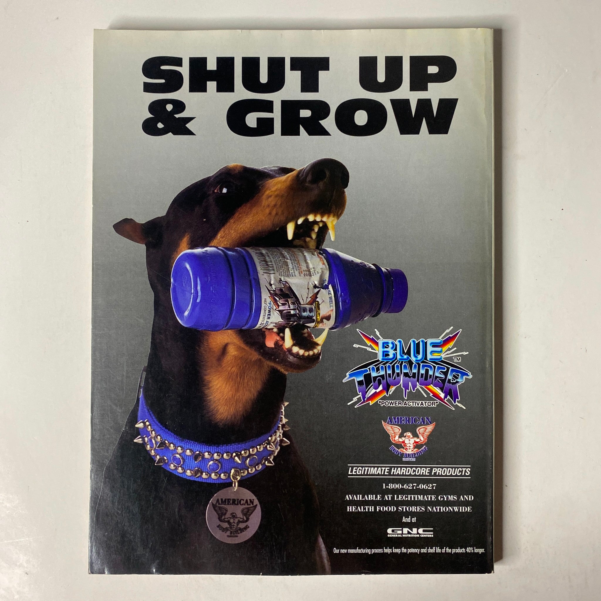 Advertisement from the back cover of MuscleMag International Magazine October 1995 No. 160 featuring a Rottweiler dog with a weight, promoting Blue Chip products for bodybuilding.