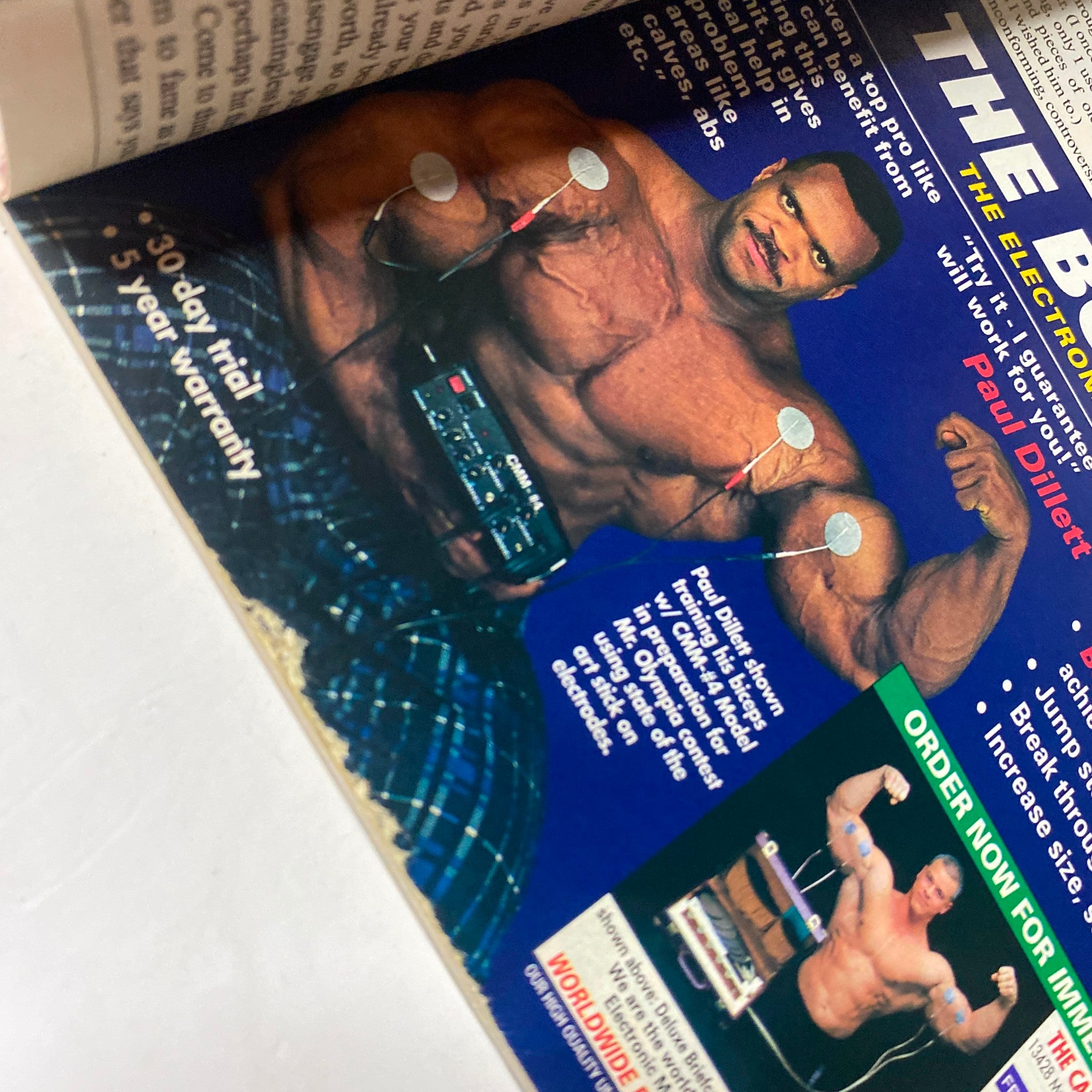 Interior page from MuscleMag International Magazine December 1995 No. 162 featuring Paul Dillett, showcasing a fitness device and highlighting electric training technology.