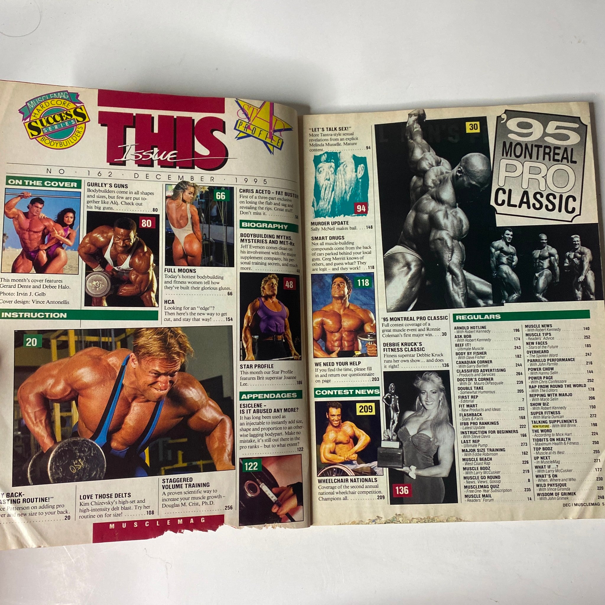 Interior spread from MuscleMag International Magazine December 1995 No. 162 outlining magazine highlights and featured articles, including content on the 1995 Montreal Pro Classic.
